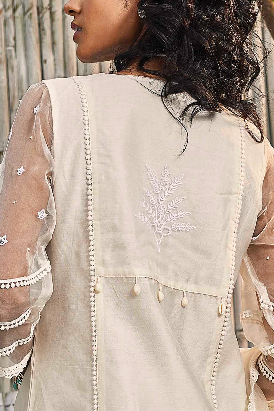 Shell White Chanderi Gathered Kurta with Pant - Set of 2 by Charkhee with Cotton, Cotton Satin, Dobby Cotton, Festive Wear, Indian Wear, Kurta Pant Sets, Natural, Organza, Regular Fit, Shores 23, Solids, Wedding Gifts, White, Womenswear at Kamakhyaa for sustainable fashion