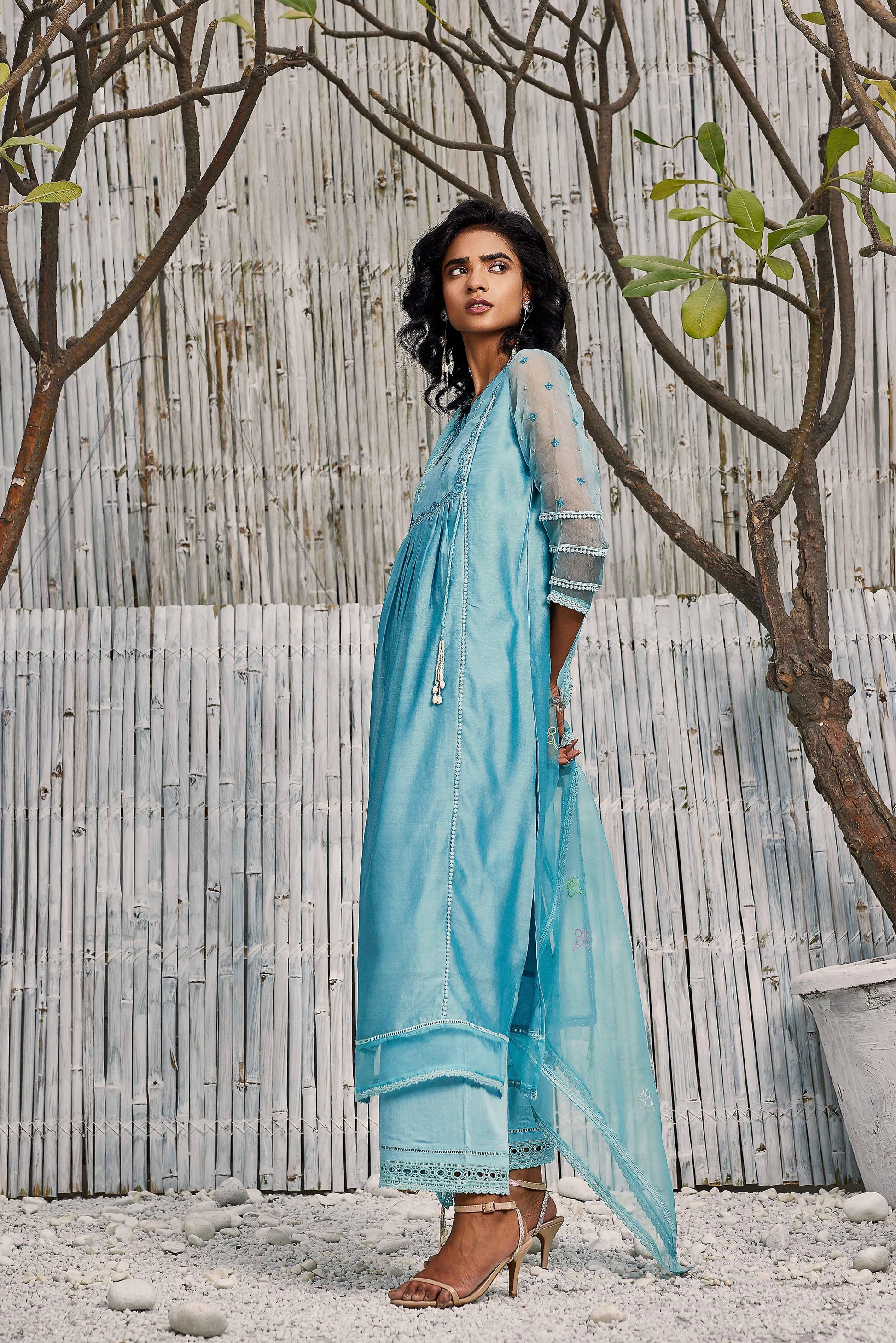 Blue Chanderi Gathered Kurta with Pant - Set of 2 by Charkhee with Best Selling, Blue, Chanderi, Cotton, Cotton Satin, Festive Wear, Indian Wear, Kurta Pant Sets, Natural, Regular Fit, Shores 23, Solids, Wedding Gifts, Womenswear at Kamakhyaa for sustainable fashion