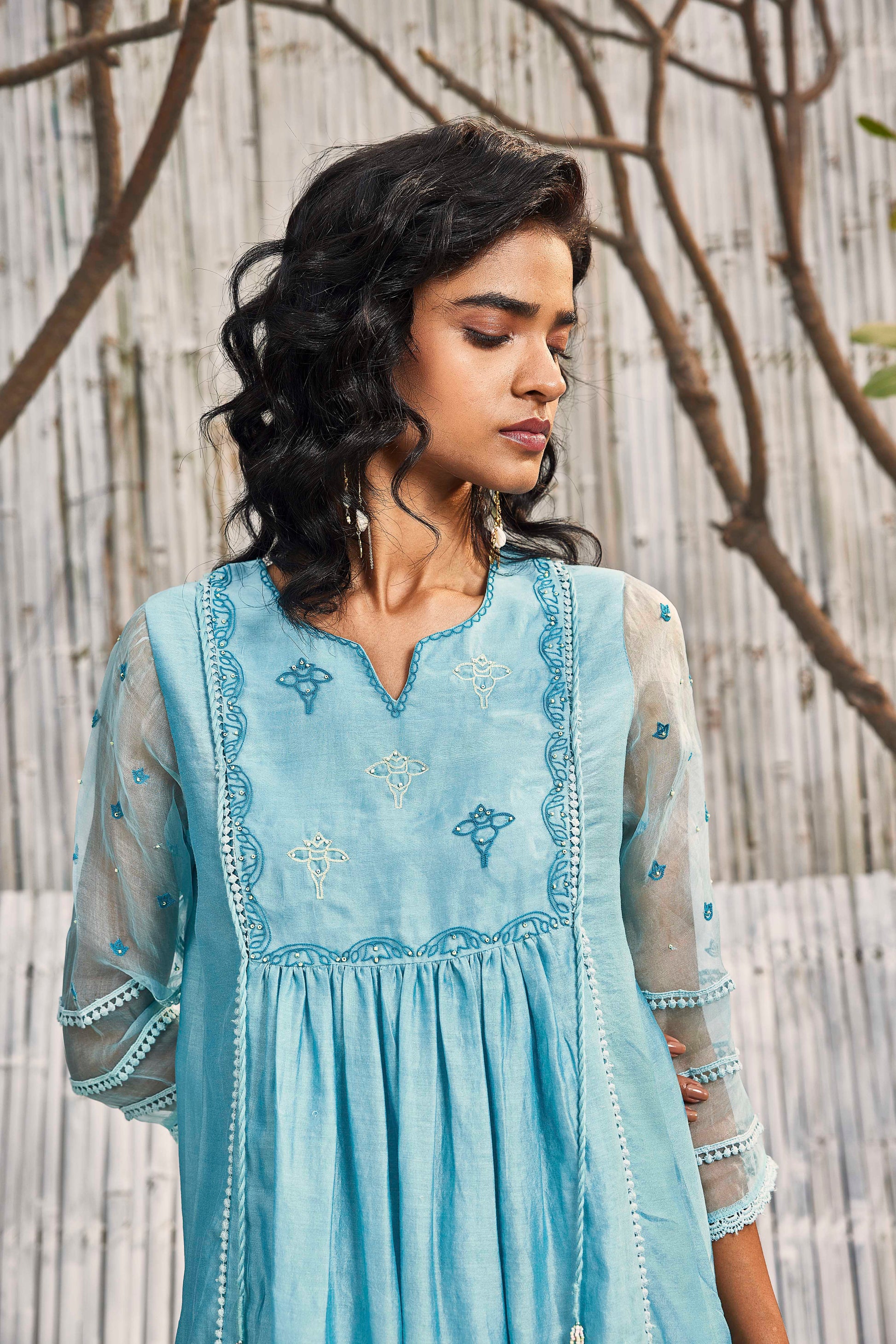 Blue Chanderi Gathered Kurta with Pant - Set of 2 by Charkhee with Best Selling, Blue, Chanderi, Cotton, Cotton Satin, Festive Wear, Indian Wear, Kurta Pant Sets, Natural, Regular Fit, Shores 23, Solids, Wedding Gifts, Womenswear at Kamakhyaa for sustainable fashion