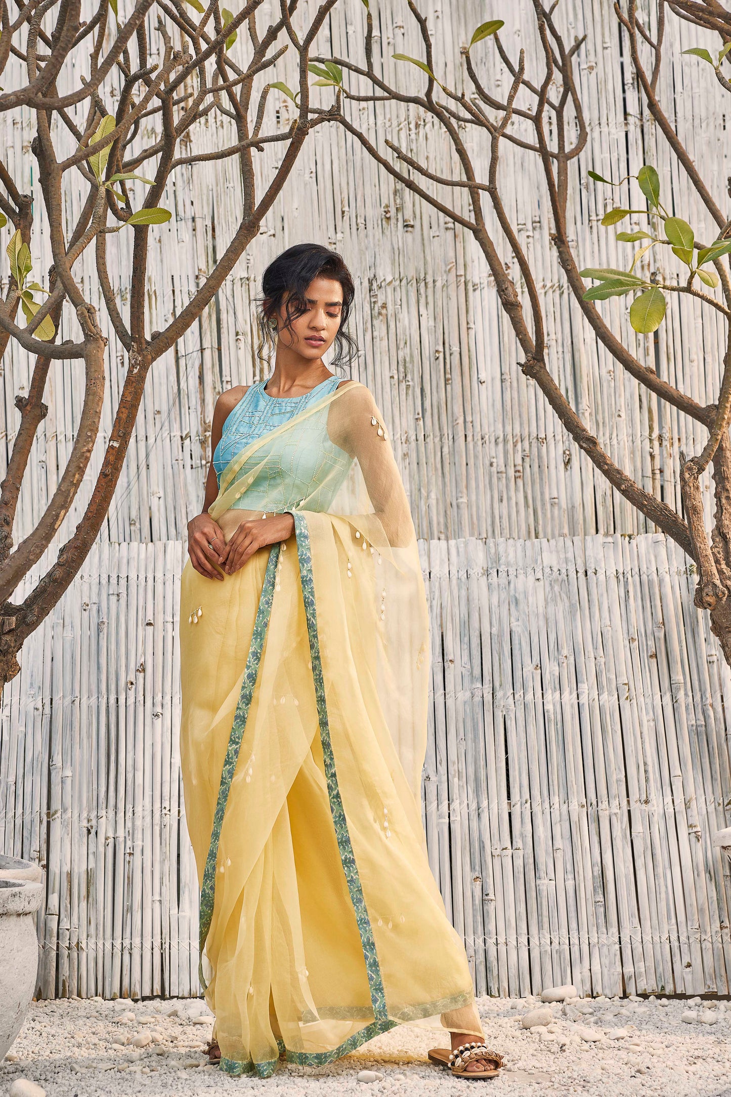 Sunshine Yellow Organza Saree with Blouse - Set of 2 by Charkhee with Chanderi, Embellished, Festive Wear, Natural, Organza, Regular Fit, Saree Sets, Shores 23, Solids, Womenswear, Yellow at Kamakhyaa for sustainable fashion