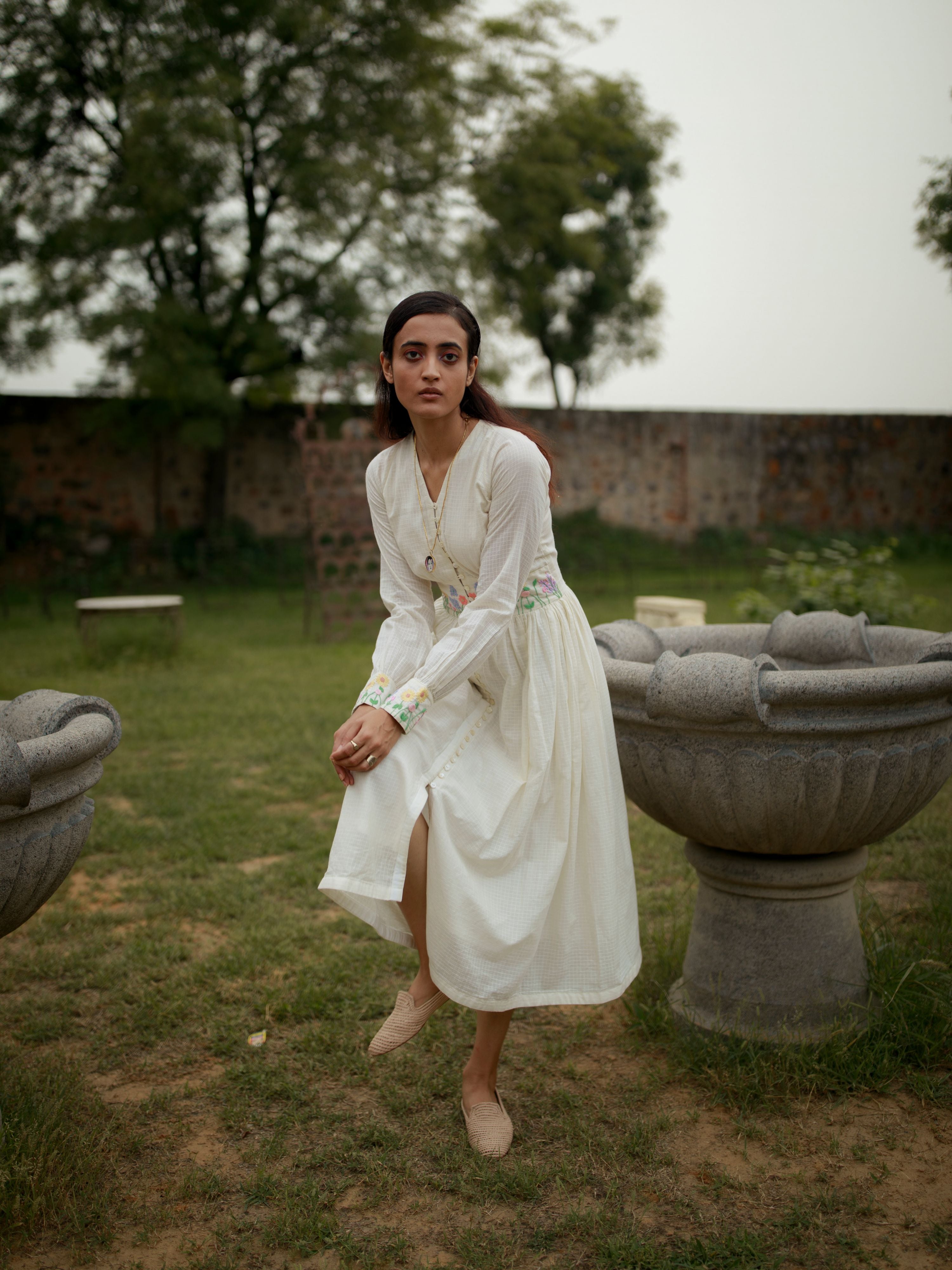 White Embroidered Midi Dress by The Loom Art with Embroidered, Handwoven Cotton, July Sale, July Sale 2023, Midi Dresses, Natural, Party Wear, Regular Fit, Vintage Summer by The Loom Art, White, Womenswear at Kamakhyaa for sustainable fashion