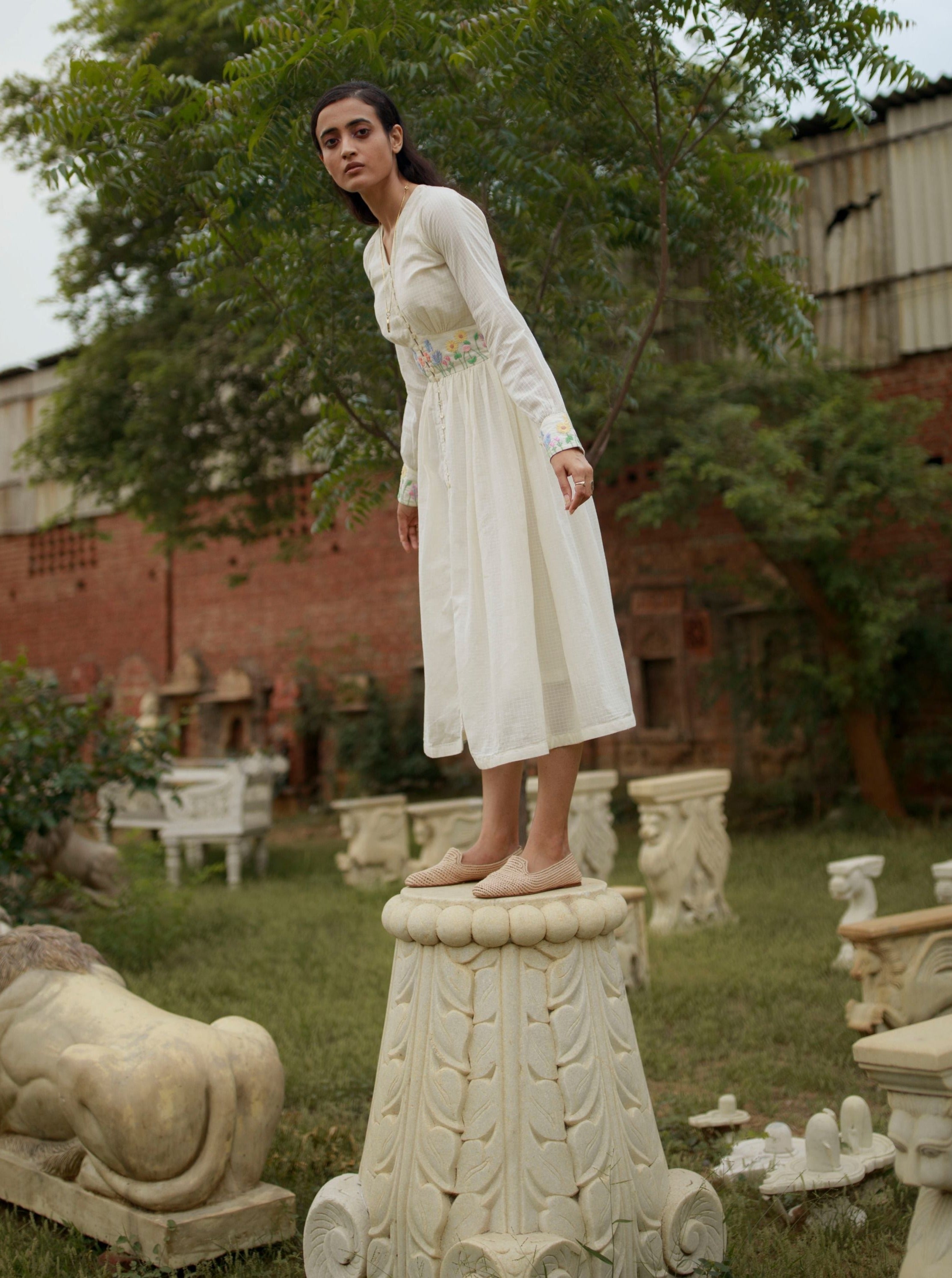 White Embroidered Midi Dress by The Loom Art with Embroidered, Handwoven Cotton, July Sale, July Sale 2023, Midi Dresses, Natural, Party Wear, Regular Fit, Vintage Summer by The Loom Art, White, Womenswear at Kamakhyaa for sustainable fashion