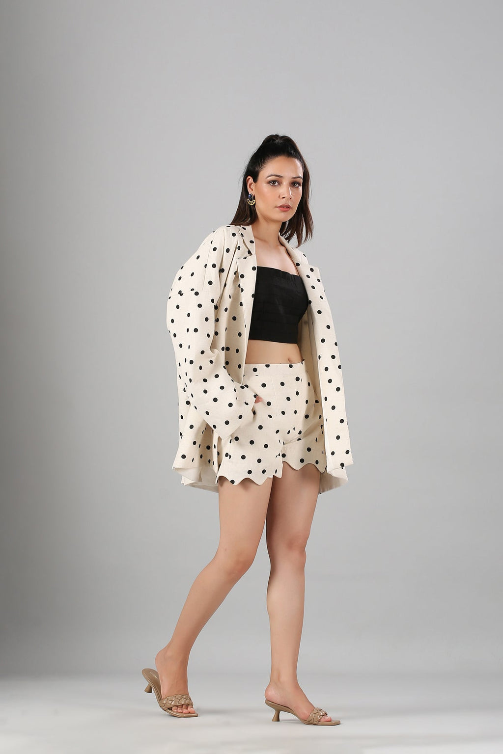 Polka Blazer Co Ord Set by MOH-The Eternal Dhaga with Cotton, Cotton Slub, Moh-The eternal Dhaga, Natural, Polka Dots, Prints, Regular Fit, Resort Wear, Vacation Co-ords, White, Womenswear at Kamakhyaa for sustainable fashion