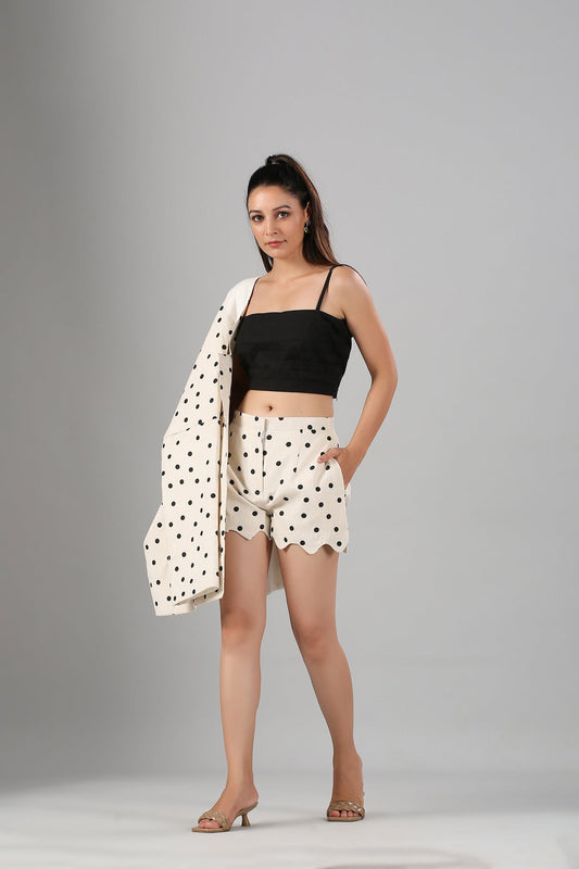 Polka Blazer Co Ord Set by MOH-The Eternal Dhaga with Cotton, Cotton Slub, Moh-The eternal Dhaga, Natural, Polka Dots, Prints, Regular Fit, Resort Wear, Vacation Co-ords, White, Womenswear at Kamakhyaa for sustainable fashion