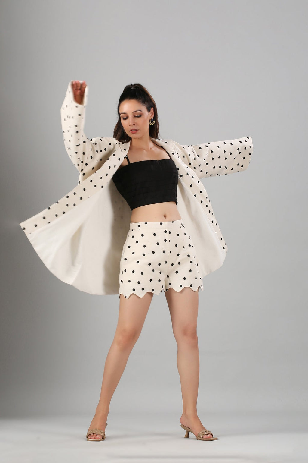 Polka Blazer Co Ord Set by MOH-The Eternal Dhaga with Cotton, Cotton Slub, Moh-The eternal Dhaga, Natural, Polka Dots, Prints, Regular Fit, Resort Wear, Vacation Co-ords, White, Womenswear at Kamakhyaa for sustainable fashion