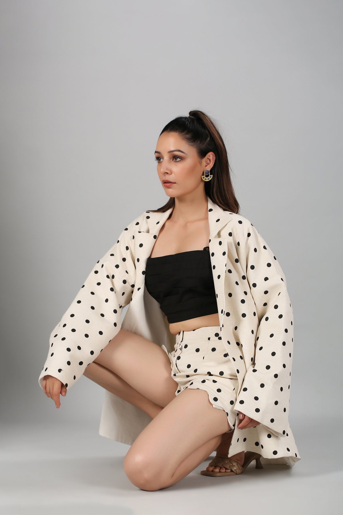 Polka Blazer Co Ord Set by MOH-The Eternal Dhaga with Cotton, Cotton Slub, Moh-The eternal Dhaga, Natural, Polka Dots, Prints, Regular Fit, Resort Wear, Vacation Co-ords, White, Womenswear at Kamakhyaa for sustainable fashion