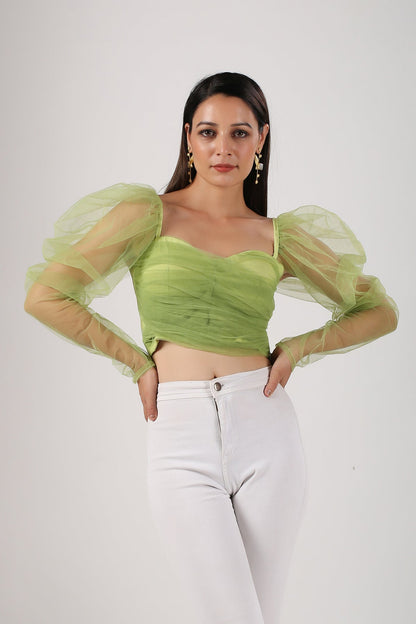 Green Crop Top by MOH-The Eternal Dhaga with Casual Wear, Cotton, Crop Tops, Green, Moh-The eternal Dhaga, Natural, Regular Fit, Solids, Tulle, Womenswear at Kamakhyaa for sustainable fashion