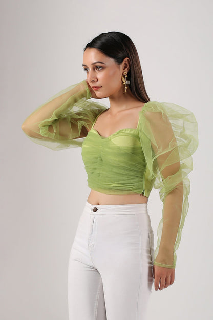 Green Crop Top by MOH-The Eternal Dhaga with Casual Wear, Cotton, Crop Tops, Green, Moh-The eternal Dhaga, Natural, Regular Fit, Solids, Tulle, Womenswear at Kamakhyaa for sustainable fashion