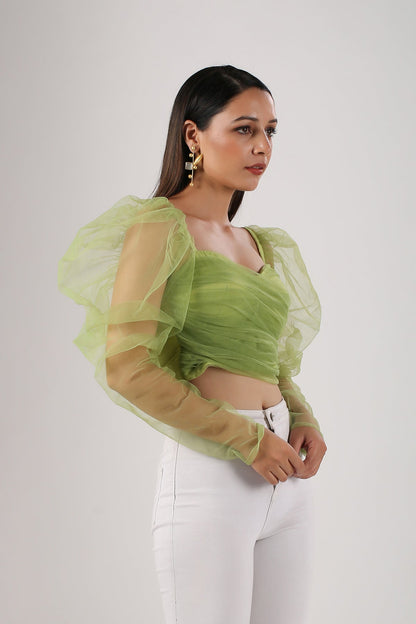 Green Crop Top by MOH-The Eternal Dhaga with Casual Wear, Cotton, Crop Tops, Green, Moh-The eternal Dhaga, Natural, Regular Fit, Solids, Tulle, Womenswear at Kamakhyaa for sustainable fashion