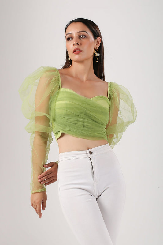 Green Crop Top by MOH-The Eternal Dhaga with Casual Wear, Cotton, Crop Tops, Green, Moh-The eternal Dhaga, Natural, Regular Fit, Solids, Tulle, Womenswear at Kamakhyaa for sustainable fashion