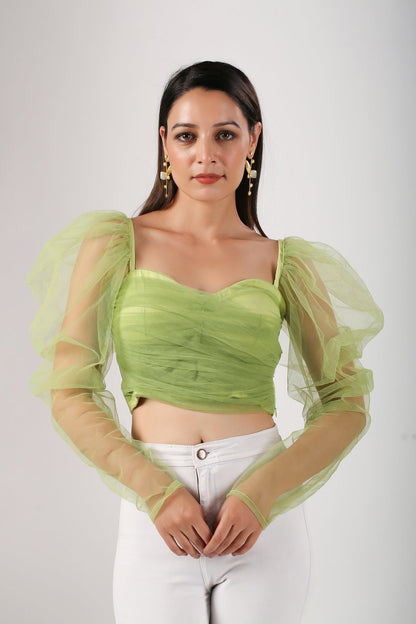 Green Crop Top by MOH-The Eternal Dhaga with Casual Wear, Cotton, Crop Tops, Green, Moh-The eternal Dhaga, Natural, Regular Fit, Solids, Tulle, Womenswear at Kamakhyaa for sustainable fashion