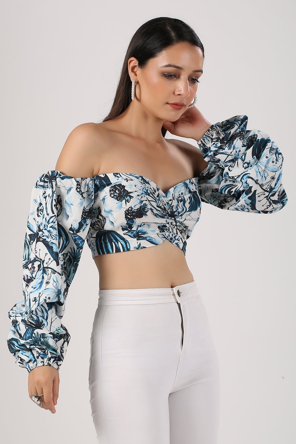 Multicolor Cotton Printed Top by MOH-The Eternal Dhaga with Blouses, Cotton, Moh-The eternal Dhaga, Multicolor, Natural, Off-Shoulder Tops, Party Wear, Prints, Slim Fit, Womenswear at Kamakhyaa for sustainable fashion