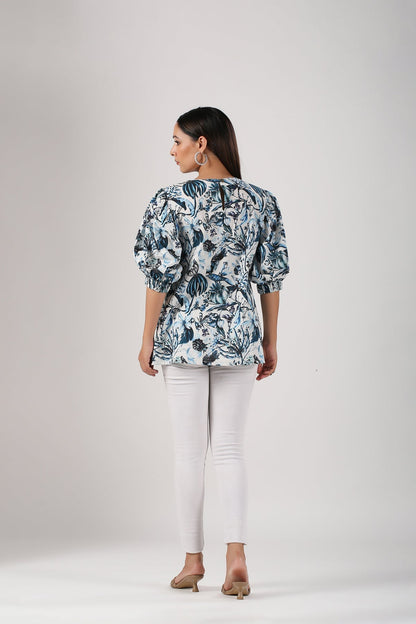 Multicolor Peplum Top by MOH-The Eternal Dhaga with Blouses, Casual Wear, Cotton, Moh-The eternal Dhaga, Multicolor, Natural, Peplum Tops, Prints, Regular Fit, Womenswear at Kamakhyaa for sustainable fashion