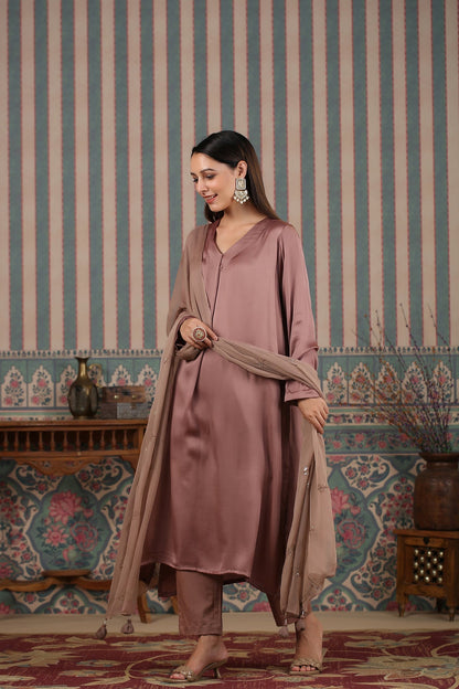 Brown Kurta Pant With Dupatta by MOH-The Eternal Dhaga with Brown, Festive Wear, Kurta pant With Duppatta, Moh-The eternal Dhaga, Natural, Regular Fit, Satin, Solids, Womenswear at Kamakhyaa for sustainable fashion