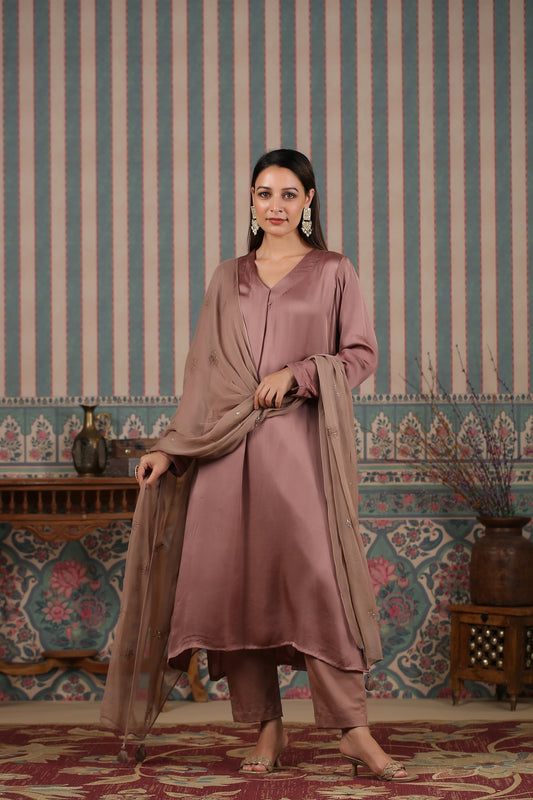 Brown Kurta Pant With Dupatta by MOH-The Eternal Dhaga with Brown, Festive Wear, Kurta pant With Duppatta, Moh-The eternal Dhaga, Natural, Regular Fit, Satin, Solids, Womenswear at Kamakhyaa for sustainable fashion