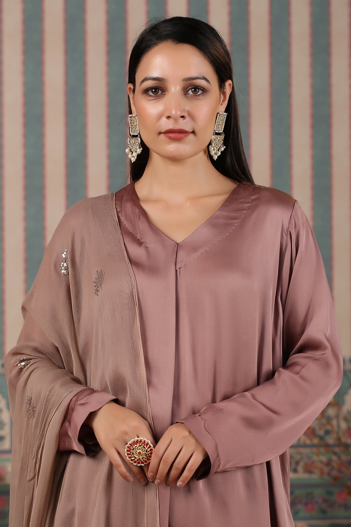 Brown Kurta Pant With Dupatta by MOH-The Eternal Dhaga with Brown, Festive Wear, Kurta pant With Duppatta, Moh-The eternal Dhaga, Natural, Regular Fit, Satin, Solids, Womenswear at Kamakhyaa for sustainable fashion