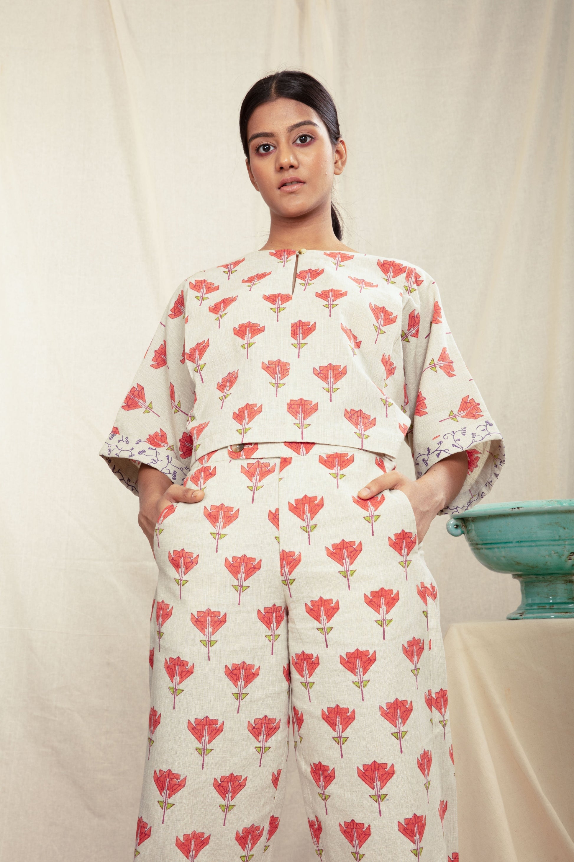 Multicolor Block Print Culotte Pants with Ruffles by Anushé Pirani with Block Prints, Culottes, Fitted At Waist, Handwoven Cotton, Multicolor, Natural, Office Wear, Prints, Recurring Dream by Anushe Pirani, Recurring Dream Collection, Womenswear at Kamakhyaa for sustainable fashion