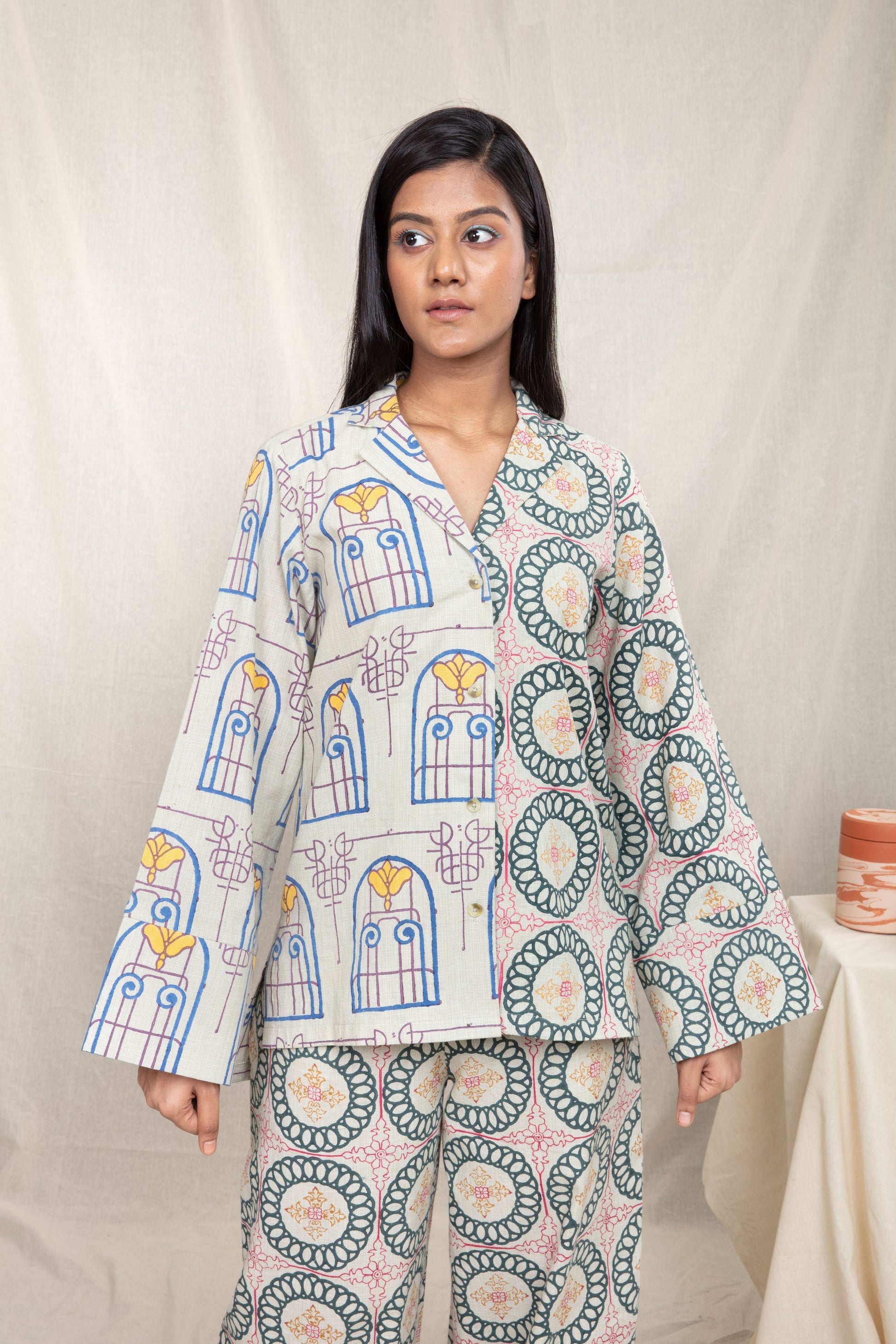 Multicolor Block Printed Shirt by Anushé Pirani with Block Prints, Handwoven Cotton, Lounge Wear, Multicolor, Natural, Prints, Recurring Dream by Anushe Pirani, Recurring Dream Collection, Regular Fit, Shirts, Tops, Womenswear at Kamakhyaa for sustainable fashion