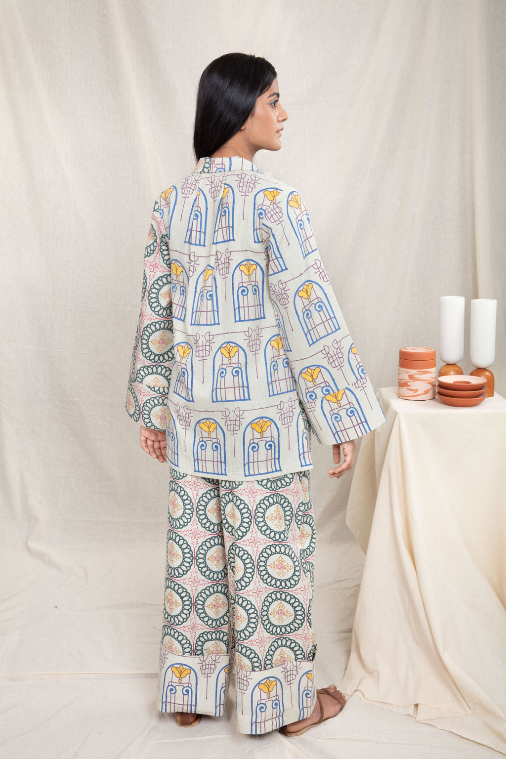 Multicolor Block Printed Wide Color Pants by Anushé Pirani with Block Prints, Fitted At Waist, Handwoven Cotton, Lounge Wear, Multicolor, Natural, Palazzo Pants, Prints, Recurring Dream by Anushe Pirani, Recurring Dream Collection, Womenswear at Kamakhyaa for sustainable fashion