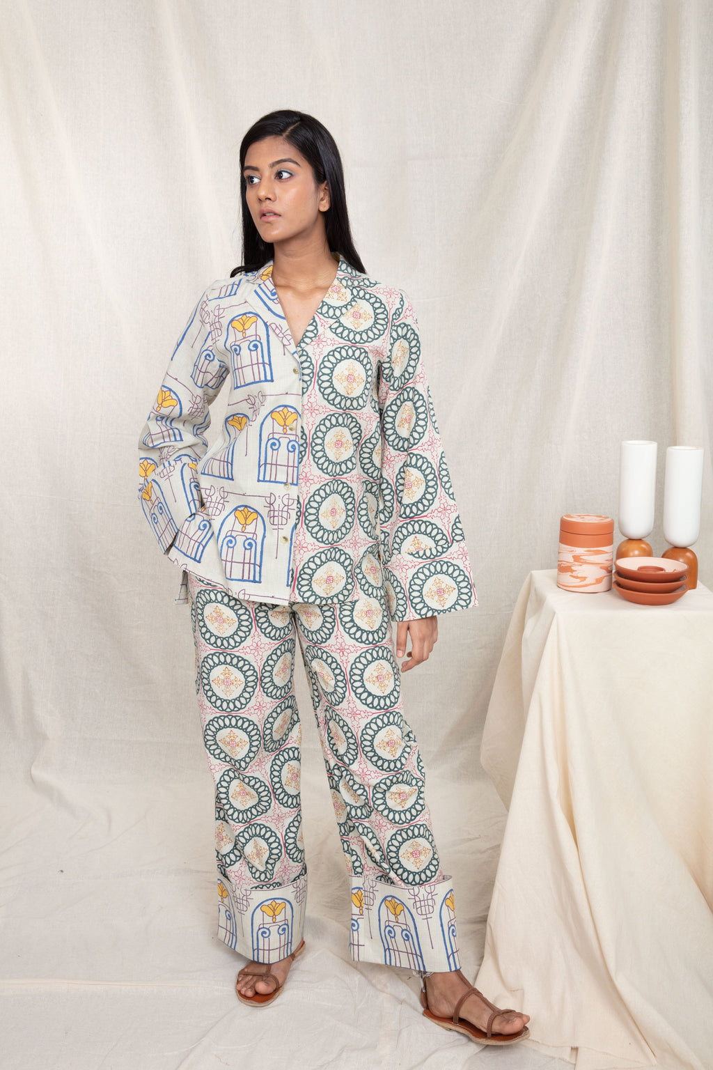 Multicolor Block Printed Wide Color Pants by Anushé Pirani with Block Prints, Fitted At Waist, Handwoven Cotton, Lounge Wear, Multicolor, Natural, Palazzo Pants, Prints, Recurring Dream by Anushe Pirani, Recurring Dream Collection, Womenswear at Kamakhyaa for sustainable fashion