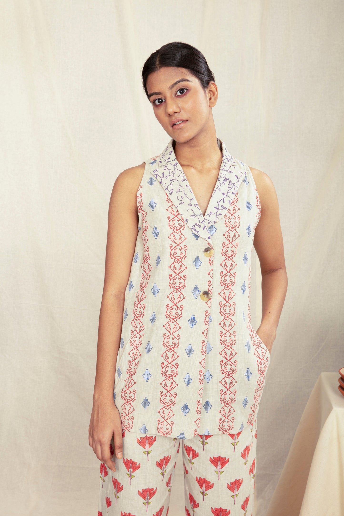 Multicolor Custom Block Printed Women's Vest by Anushé Pirani with Blazers, Block Prints, Handwoven Cotton, Lounge Wear, Multicolor, Natural, Overlays, Prints, Recurring Dream by Anushe Pirani, Recurring Dream Collection, Regular Fit, Womenswear at Kamakhyaa for sustainable fashion