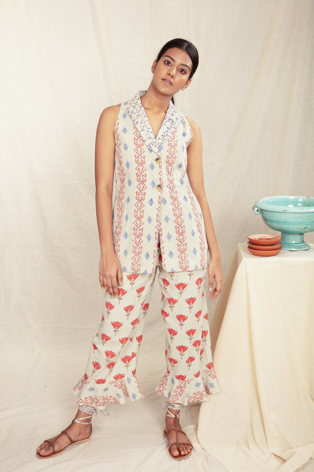 Multicolor Custom Block Printed Women's Vest by Anushé Pirani with Blazers, Block Prints, Handwoven Cotton, Lounge Wear, Multicolor, Natural, Overlays, Prints, Recurring Dream by Anushe Pirani, Recurring Dream Collection, Regular Fit, Womenswear at Kamakhyaa for sustainable fashion