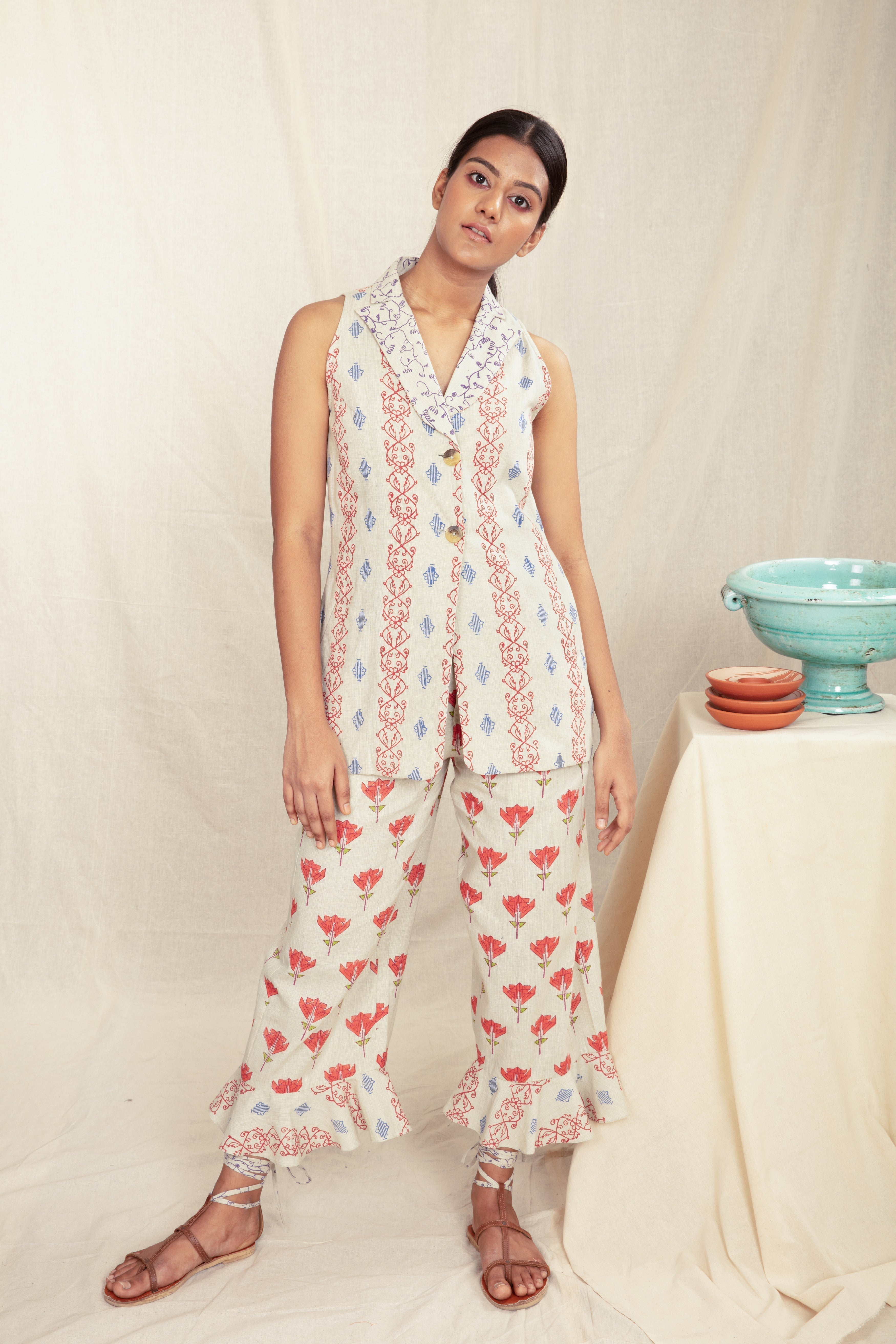 Multicolor Custom Block Printed Women's Vest by Anushé Pirani with Blazers, Block Prints, Handwoven Cotton, Lounge Wear, Multicolor, Natural, Overlays, Prints, Recurring Dream by Anushe Pirani, Recurring Dream Collection, Regular Fit, Womenswear at Kamakhyaa for sustainable fashion