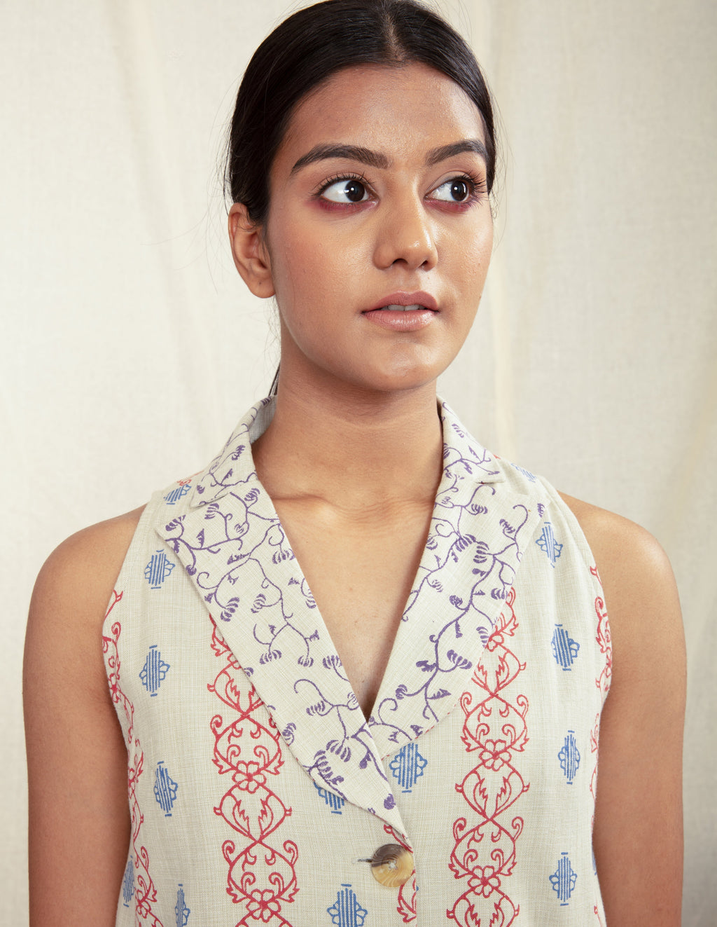 Multicolor Custom Block Printed Women's Vest by Anushé Pirani with Blazers, Block Prints, Handwoven Cotton, Lounge Wear, Multicolor, Natural, Overlays, Prints, Recurring Dream by Anushe Pirani, Recurring Dream Collection, Regular Fit, Womenswear at Kamakhyaa for sustainable fashion