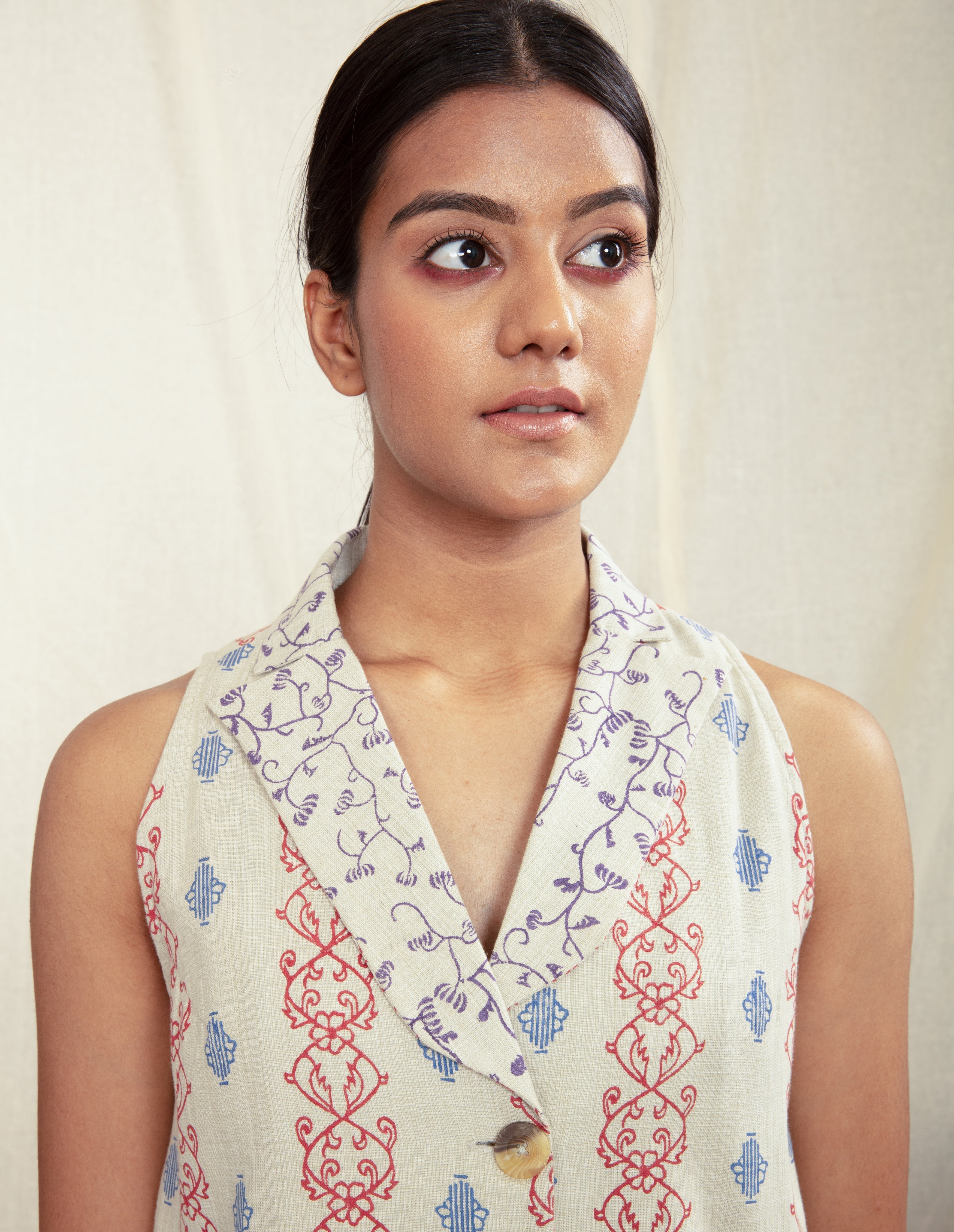 Multicolor Custom Block Printed Women's Vest by Anushé Pirani with Blazers, Block Prints, Handwoven Cotton, Lounge Wear, Multicolor, Natural, Overlays, Prints, Recurring Dream by Anushe Pirani, Recurring Dream Collection, Regular Fit, Womenswear at Kamakhyaa for sustainable fashion