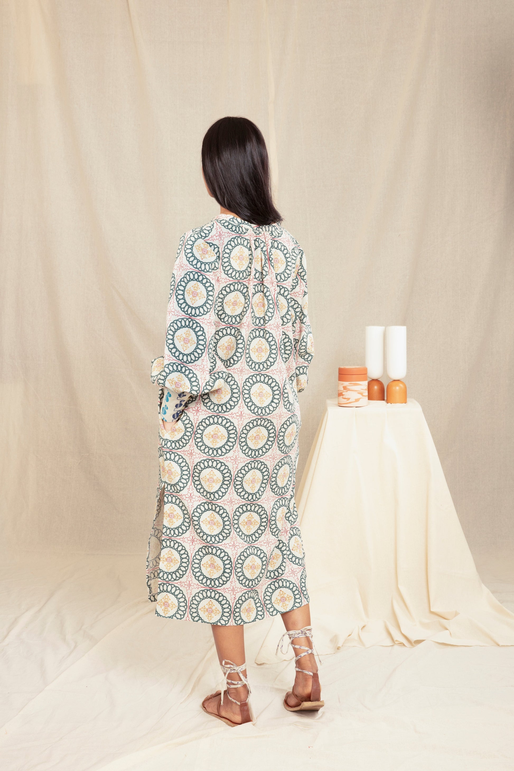 Multicolor Cotton Block Printed Tunic Dress by Anushé Pirani with Block Prints, Handwoven Cotton, Lounge Wear, Midi Dresses, Multicolor, Natural, Prints, Recurring Dream by Anushe Pirani, Recurring Dream Collection, Regular Fit, Womenswear at Kamakhyaa for sustainable fashion