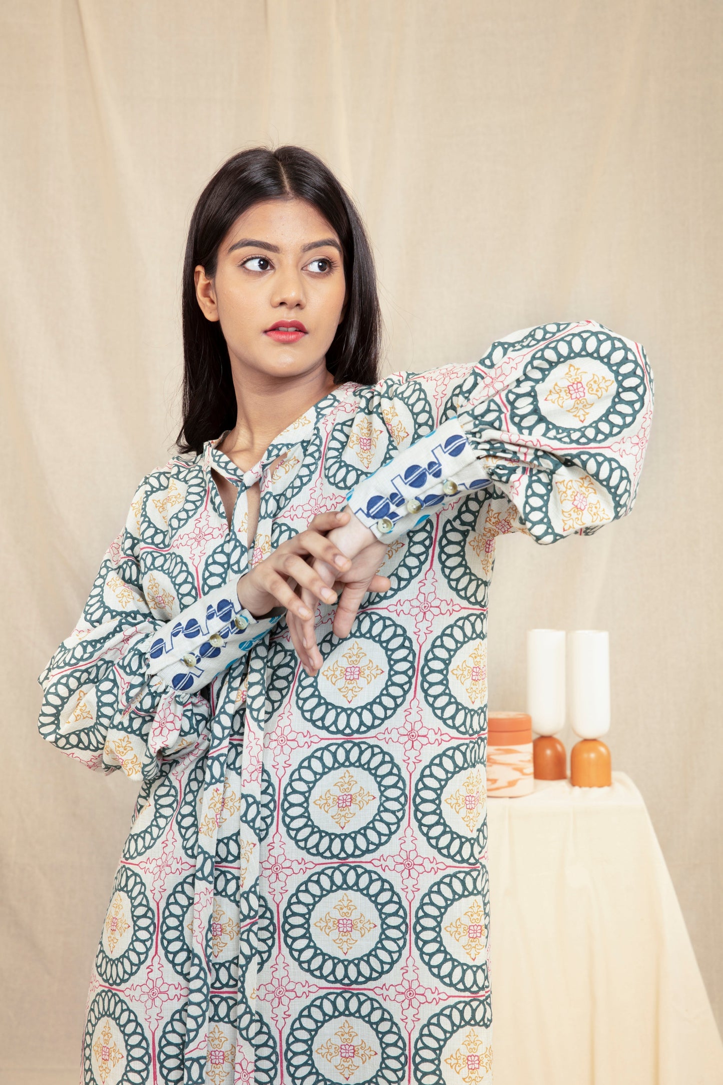 Multicolor Cotton Block Printed Tunic Dress by Anushé Pirani with Block Prints, Handwoven Cotton, Lounge Wear, Midi Dresses, Multicolor, Natural, Prints, Recurring Dream by Anushe Pirani, Recurring Dream Collection, Regular Fit, Womenswear at Kamakhyaa for sustainable fashion