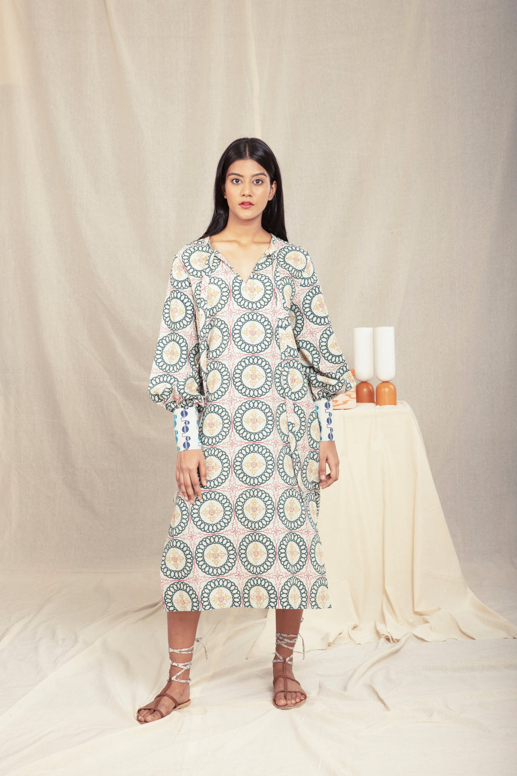 Multicolor Cotton Block Printed Tunic Dress by Anushé Pirani with Block Prints, Handwoven Cotton, Lounge Wear, Midi Dresses, Multicolor, Natural, Prints, Recurring Dream by Anushe Pirani, Recurring Dream Collection, Regular Fit, Womenswear at Kamakhyaa for sustainable fashion