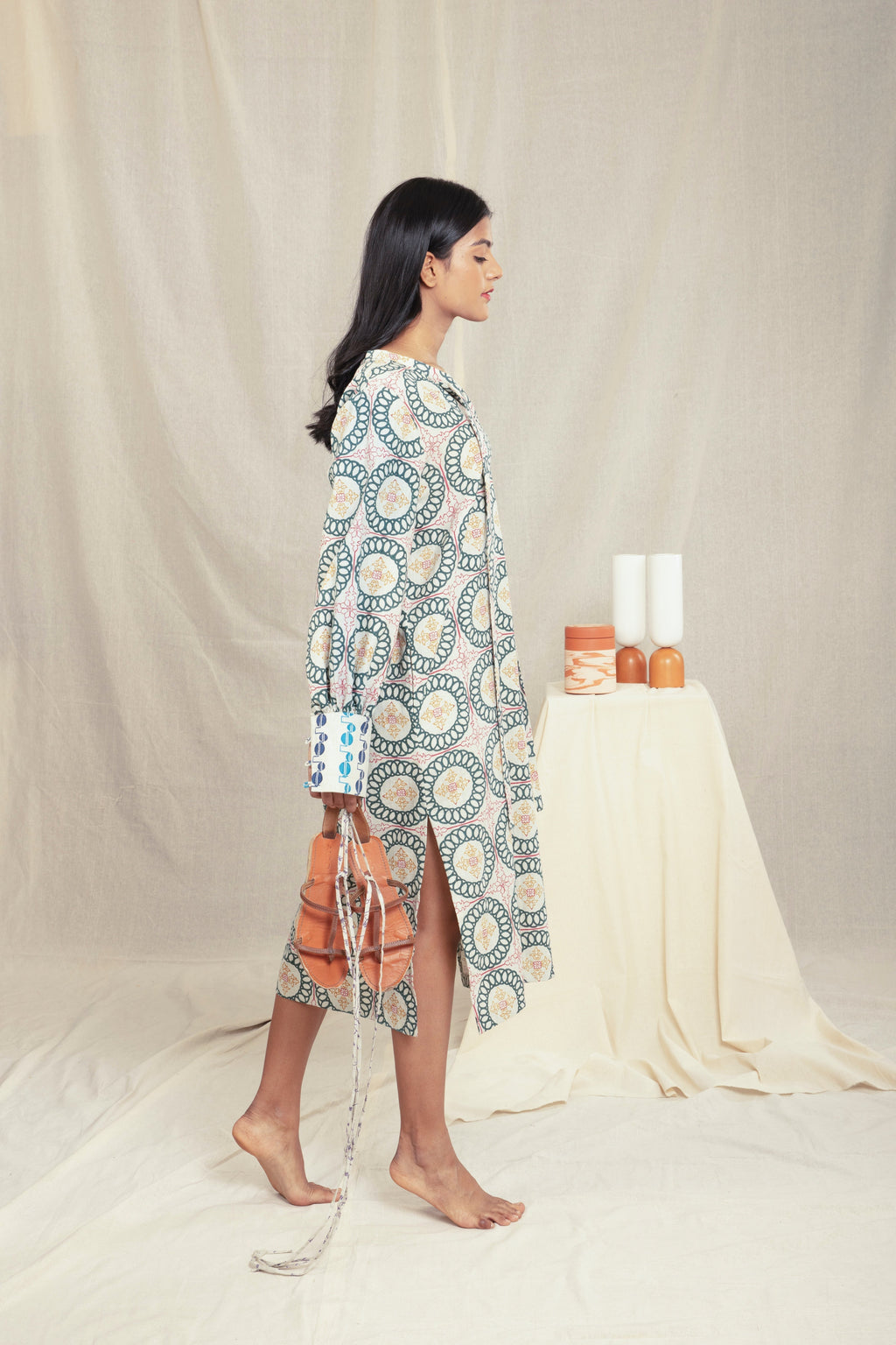 Multicolor Cotton Block Printed Tunic Dress by Anushé Pirani with Block Prints, Handwoven Cotton, Lounge Wear, Midi Dresses, Multicolor, Natural, Prints, Recurring Dream by Anushe Pirani, Recurring Dream Collection, Regular Fit, Womenswear at Kamakhyaa for sustainable fashion