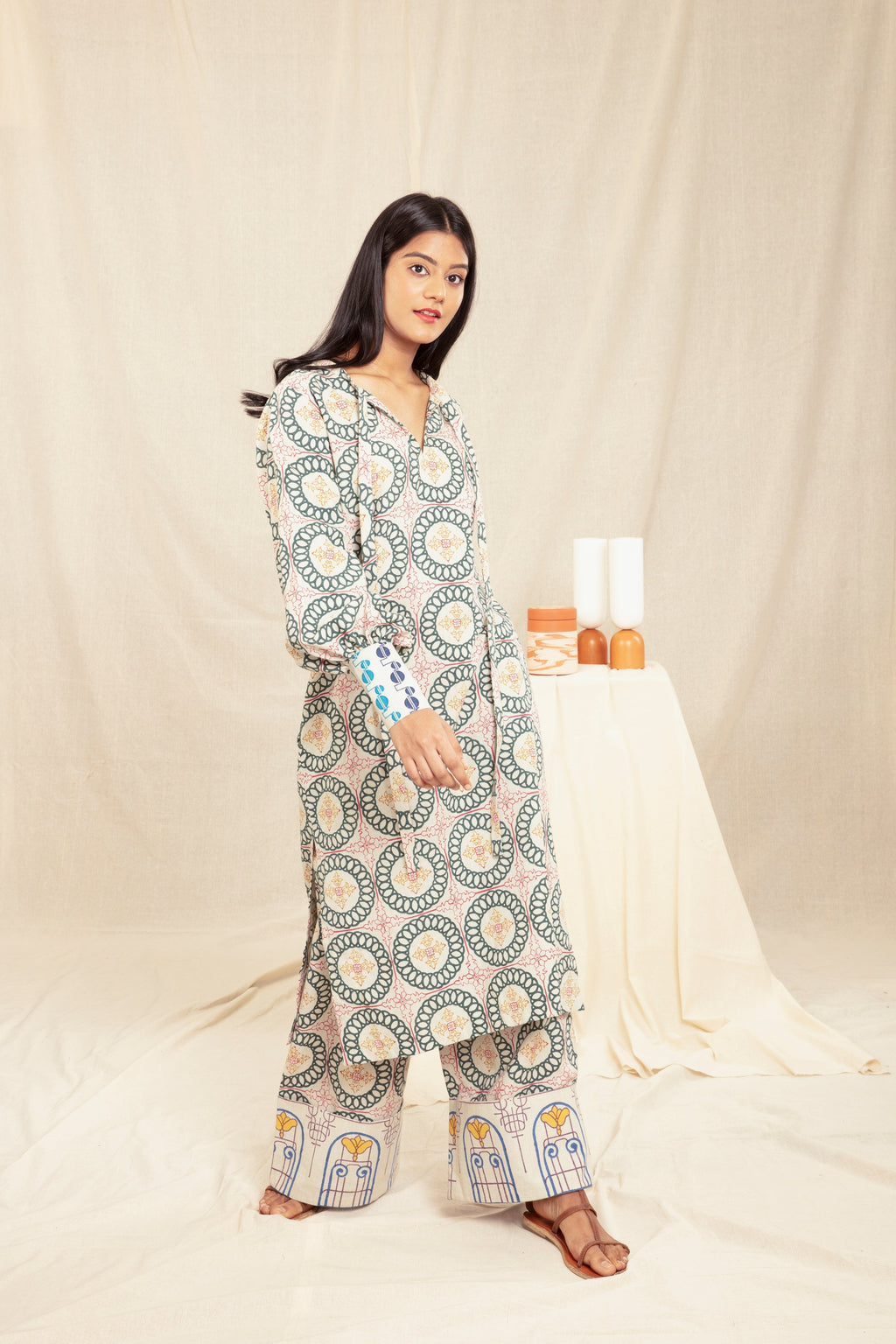 Multicolor Cotton Block Printed Tunic Dress by Anushé Pirani with Block Prints, Handwoven Cotton, Lounge Wear, Midi Dresses, Multicolor, Natural, Prints, Recurring Dream by Anushe Pirani, Recurring Dream Collection, Regular Fit, Womenswear at Kamakhyaa for sustainable fashion