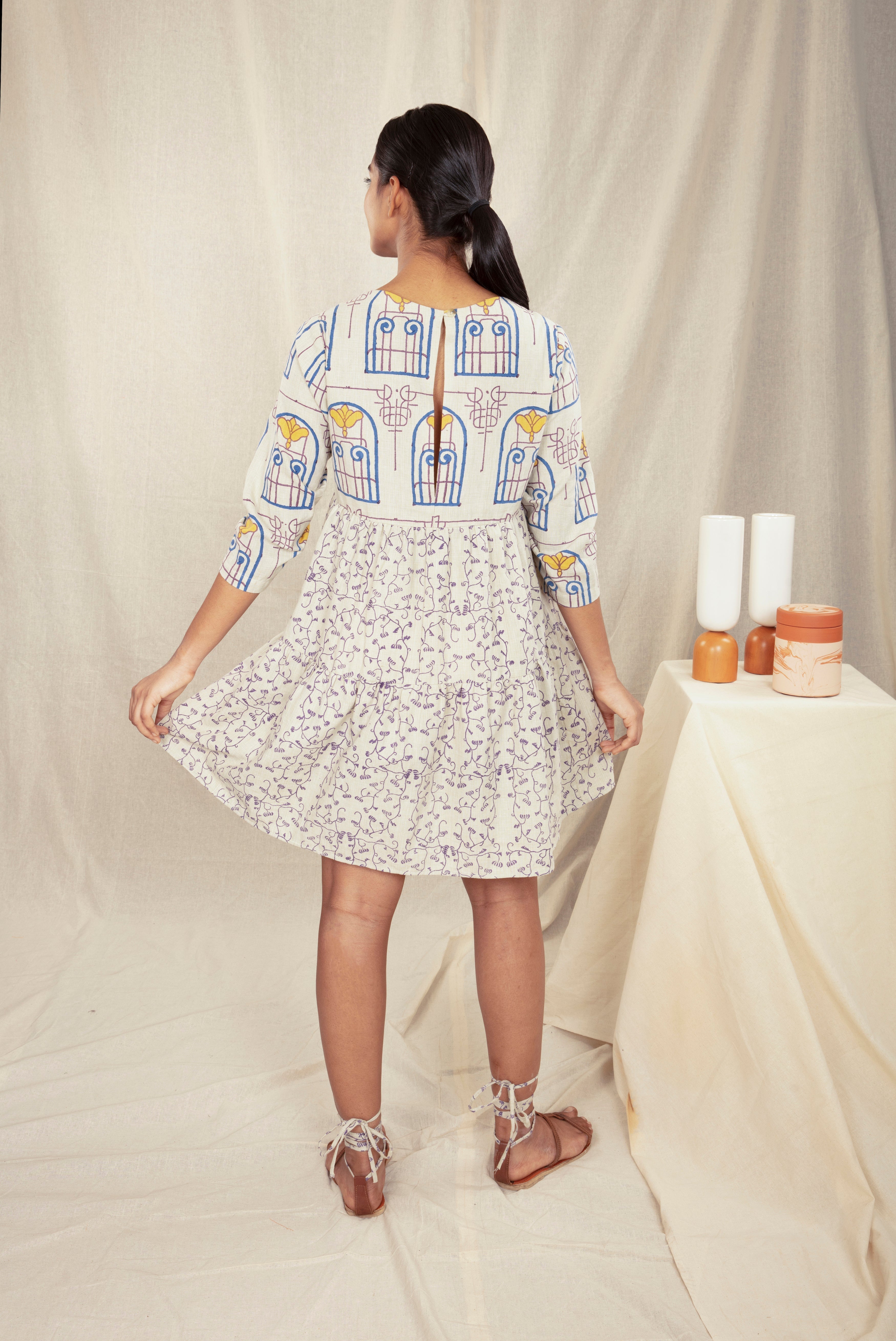 Block Printed Multicolor Mini Dress by Anushé Pirani with Block Prints, Handwoven Cotton, Lounge Wear, Mini Dresses, Multicolor, Natural, Prints, Recurring Dream by Anushe Pirani, Recurring Dream Collection, Regular Fit, Short Dresses, Womenswear at Kamakhyaa for sustainable fashion