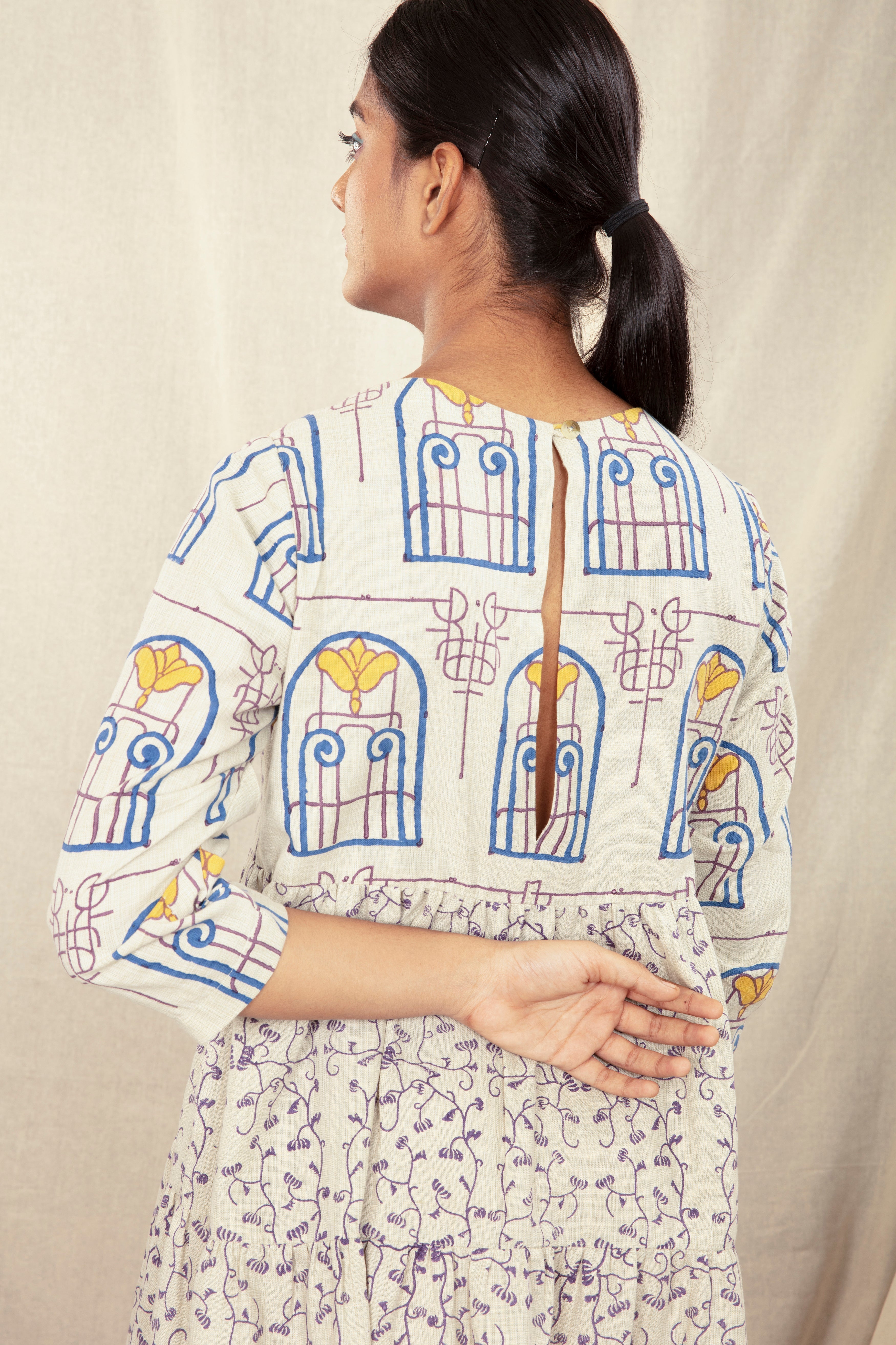 Block Printed Multicolor Mini Dress by Anushé Pirani with Block Prints, Handwoven Cotton, Lounge Wear, Mini Dresses, Multicolor, Natural, Prints, Recurring Dream by Anushe Pirani, Recurring Dream Collection, Regular Fit, Short Dresses, Womenswear at Kamakhyaa for sustainable fashion