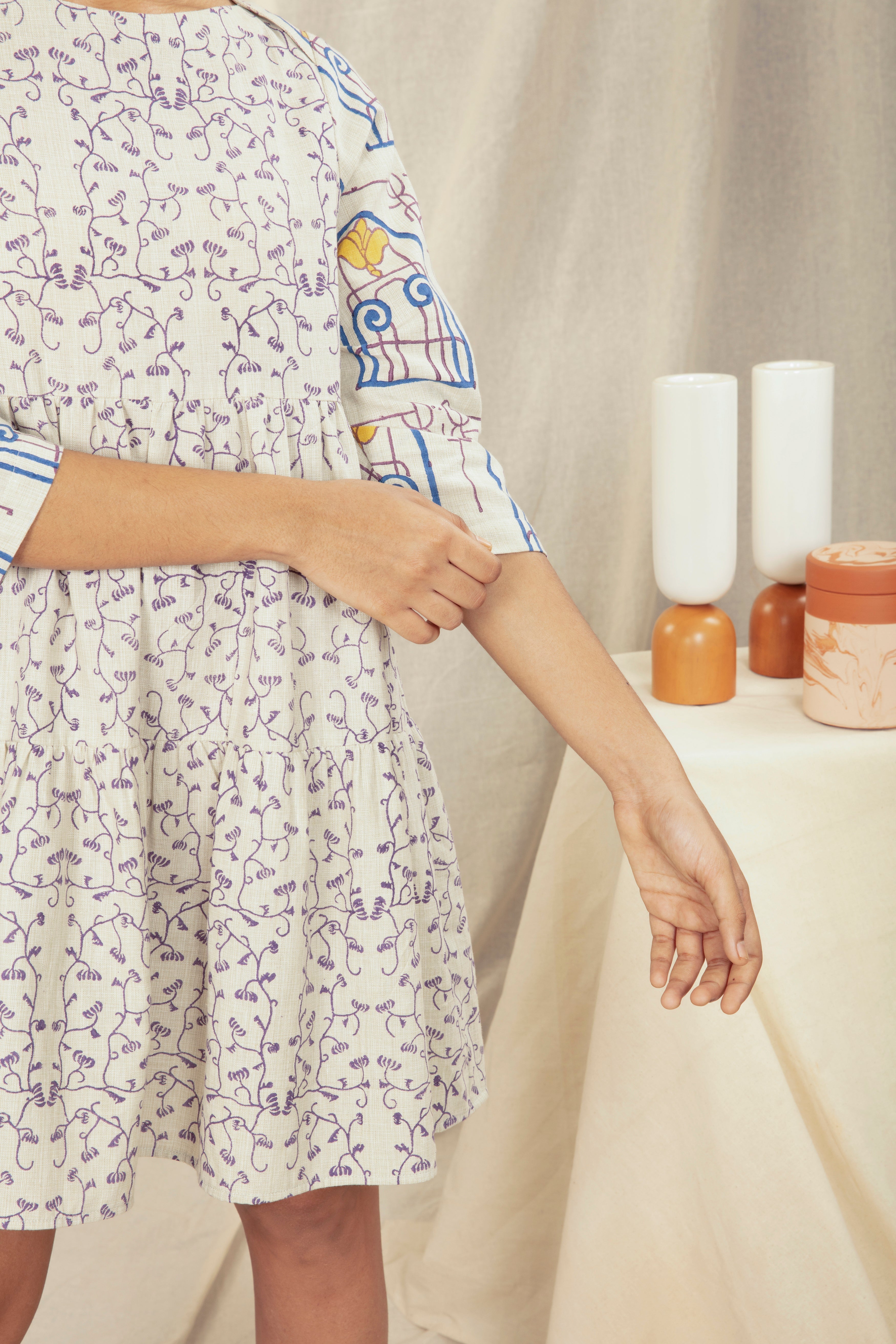 Block Printed Multicolor Mini Dress by Anushé Pirani with Block Prints, Handwoven Cotton, Lounge Wear, Mini Dresses, Multicolor, Natural, Prints, Recurring Dream by Anushe Pirani, Recurring Dream Collection, Regular Fit, Short Dresses, Womenswear at Kamakhyaa for sustainable fashion