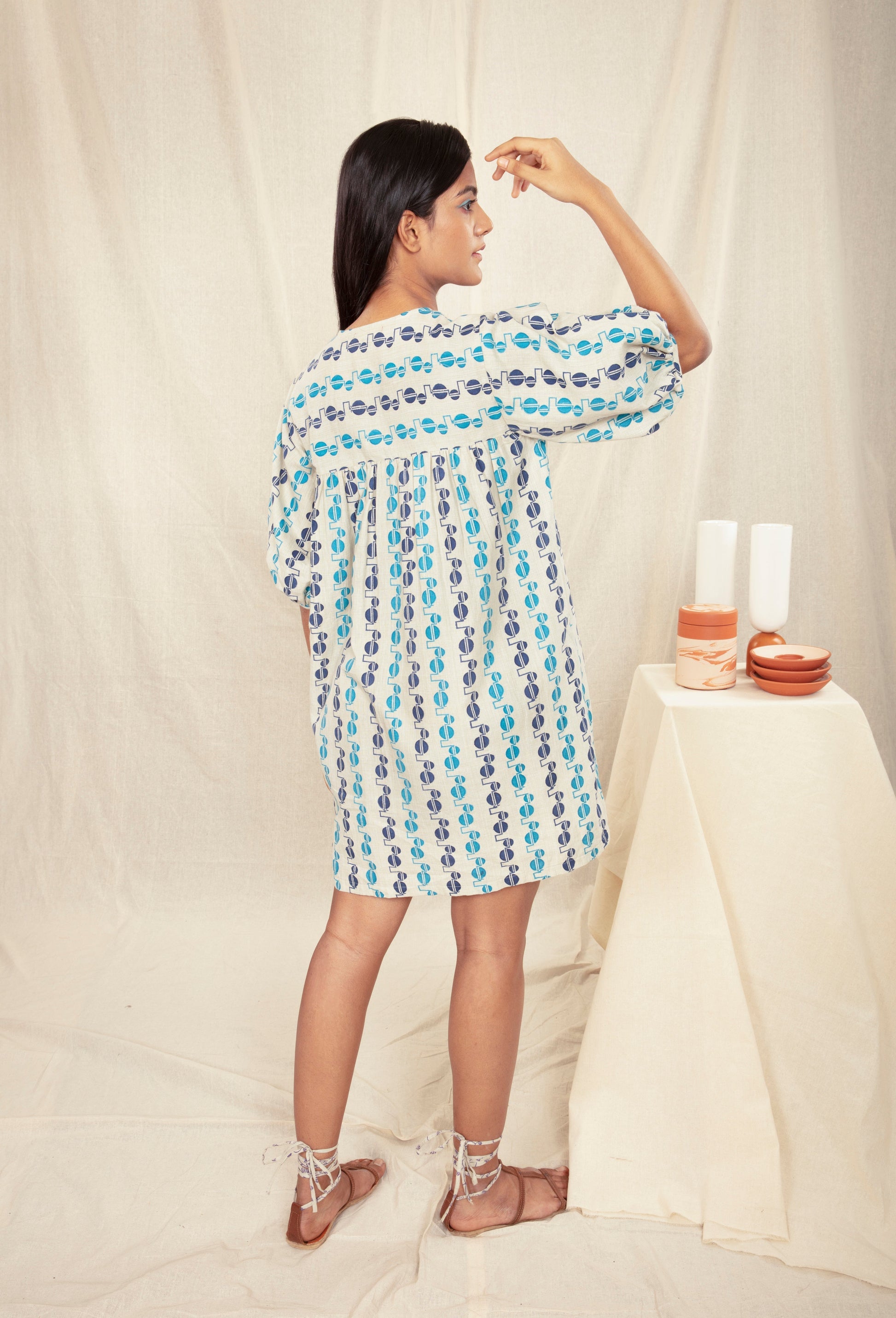 Multicolor Summer Block Print Mini dress by Anushé Pirani with Block Prints, Handwoven Cotton, Lounge Wear, Mini Dresses, Multicolor, Natural, Prints, Recurring Dream by Anushe Pirani, Recurring Dream Collection, Regular Fit, Short Dresses, Womenswear at Kamakhyaa for sustainable fashion