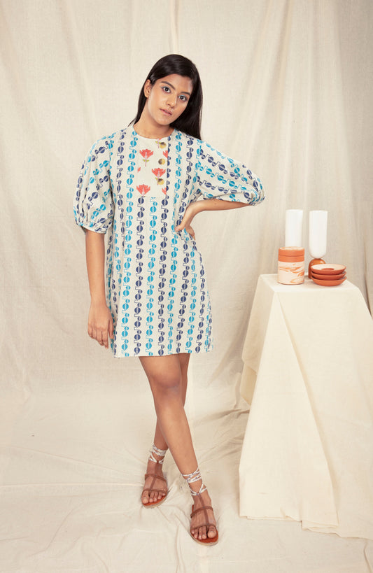 Multicolor Summer Block Print Mini dress by Anushé Pirani with Block Prints, Handwoven Cotton, Lounge Wear, Mini Dresses, Multicolor, Natural, Prints, Recurring Dream by Anushe Pirani, Recurring Dream Collection, Regular Fit, Short Dresses, Womenswear at Kamakhyaa for sustainable fashion