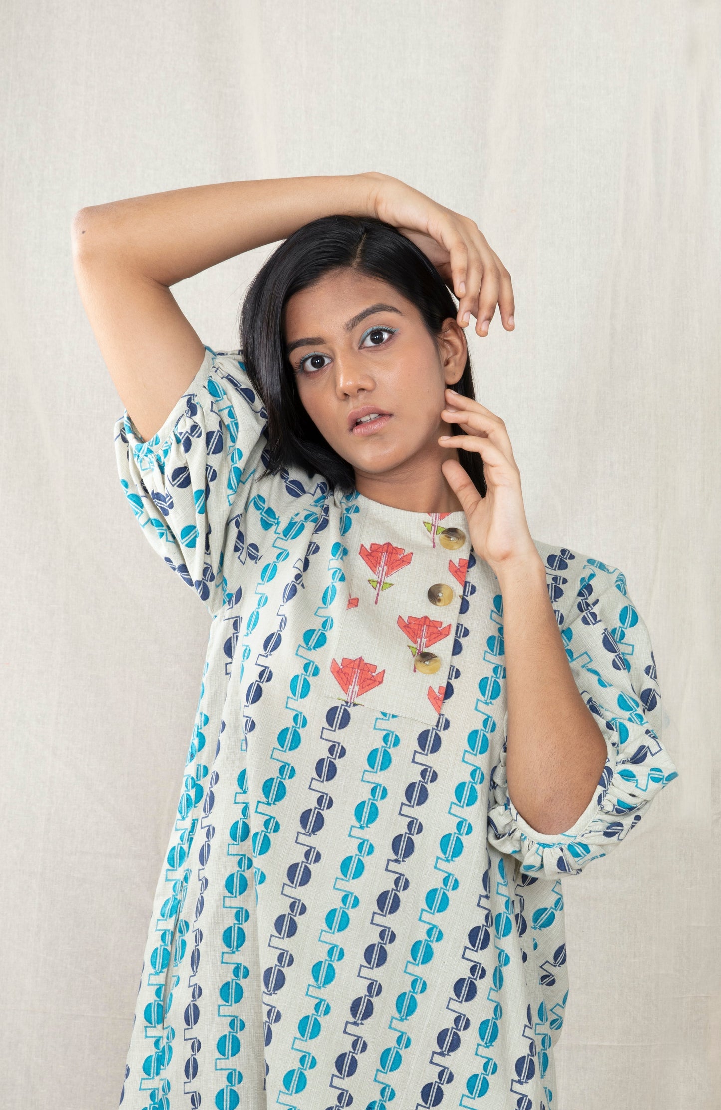 Multicolor Summer Block Print Mini dress by Anushé Pirani with Block Prints, Handwoven Cotton, Lounge Wear, Mini Dresses, Multicolor, Natural, Prints, Recurring Dream by Anushe Pirani, Recurring Dream Collection, Regular Fit, Short Dresses, Womenswear at Kamakhyaa for sustainable fashion