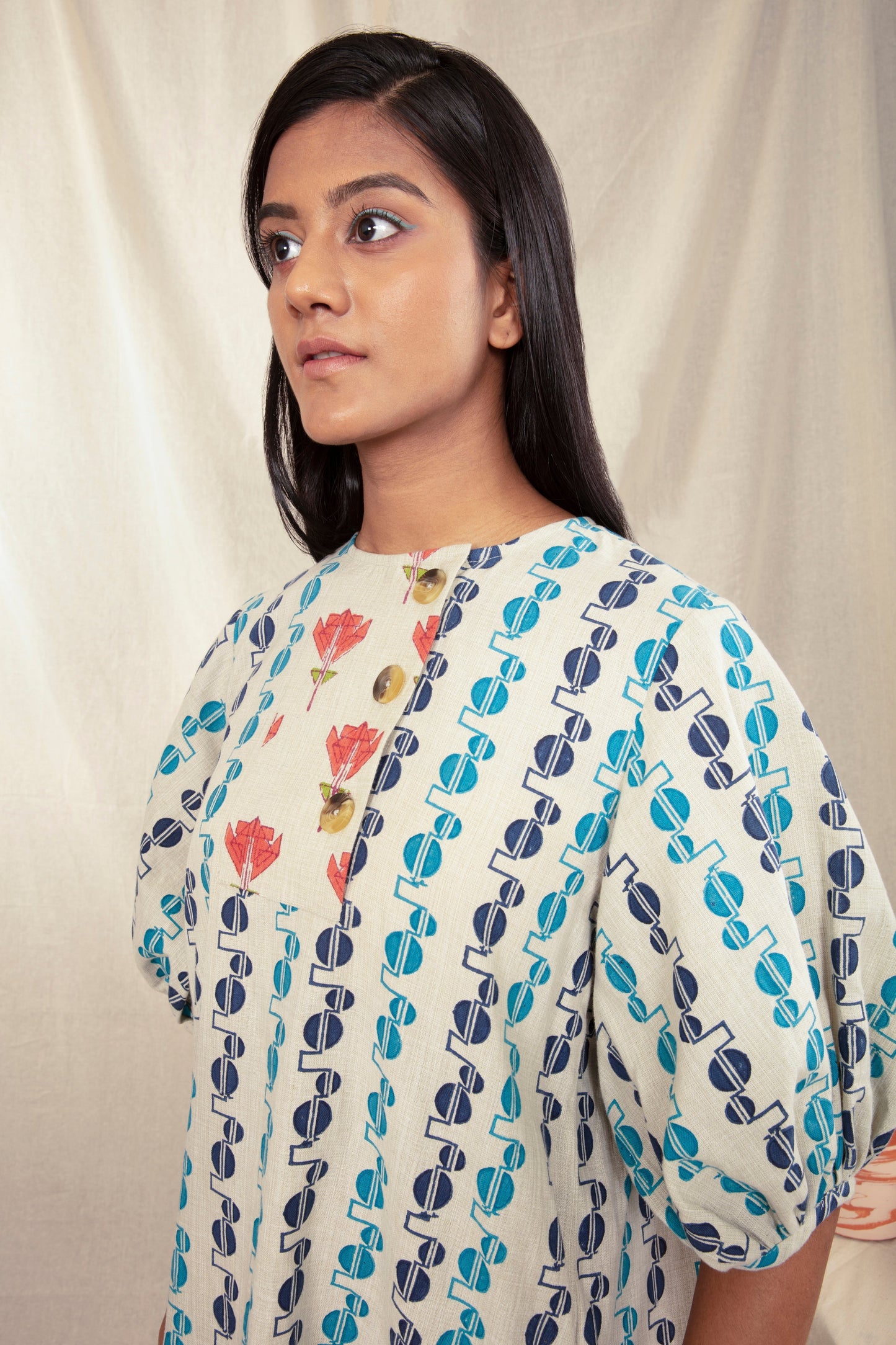 Multicolor Summer Block Print Mini dress by Anushé Pirani with Block Prints, Handwoven Cotton, Lounge Wear, Mini Dresses, Multicolor, Natural, Prints, Recurring Dream by Anushe Pirani, Recurring Dream Collection, Regular Fit, Short Dresses, Womenswear at Kamakhyaa for sustainable fashion