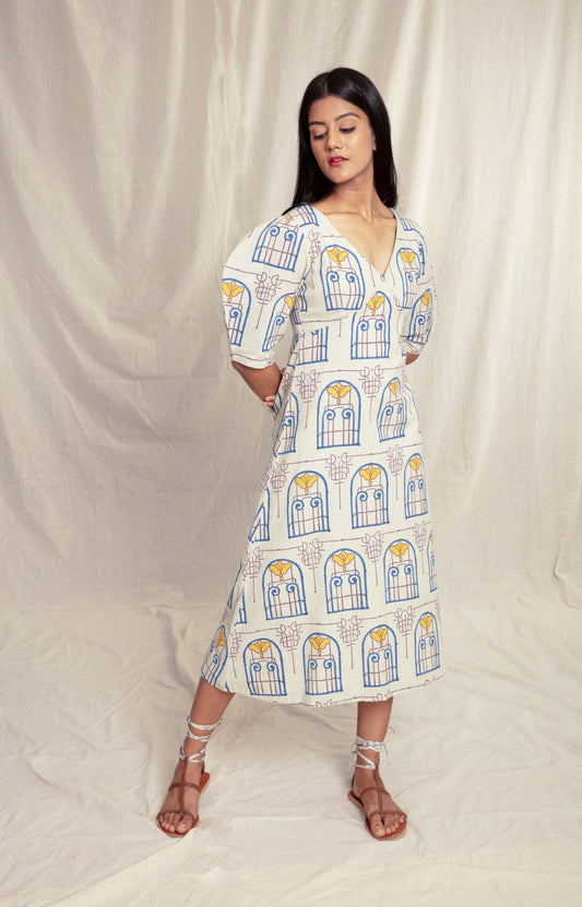 Cotton Block Printed Summer Midi Dress by Anushé Pirani with Block Prints, Handwoven Cotton, Lounge Wear, Midi Dresses, Multicolor, Natural, Prints, Recurring Dream by Anushe Pirani, Recurring Dream Collection, Regular Fit, Womenswear at Kamakhyaa for sustainable fashion