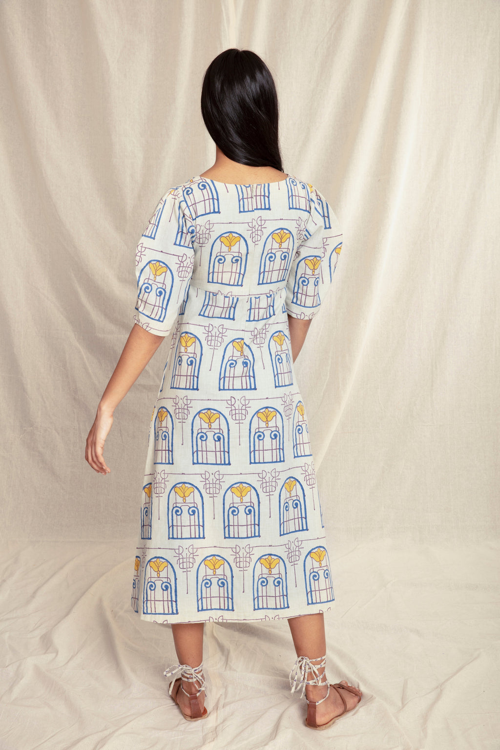 Cotton Block Printed Summer Midi Dress by Anushé Pirani with Block Prints, Handwoven Cotton, Lounge Wear, Midi Dresses, Multicolor, Natural, Prints, Recurring Dream by Anushe Pirani, Recurring Dream Collection, Regular Fit, Womenswear at Kamakhyaa for sustainable fashion