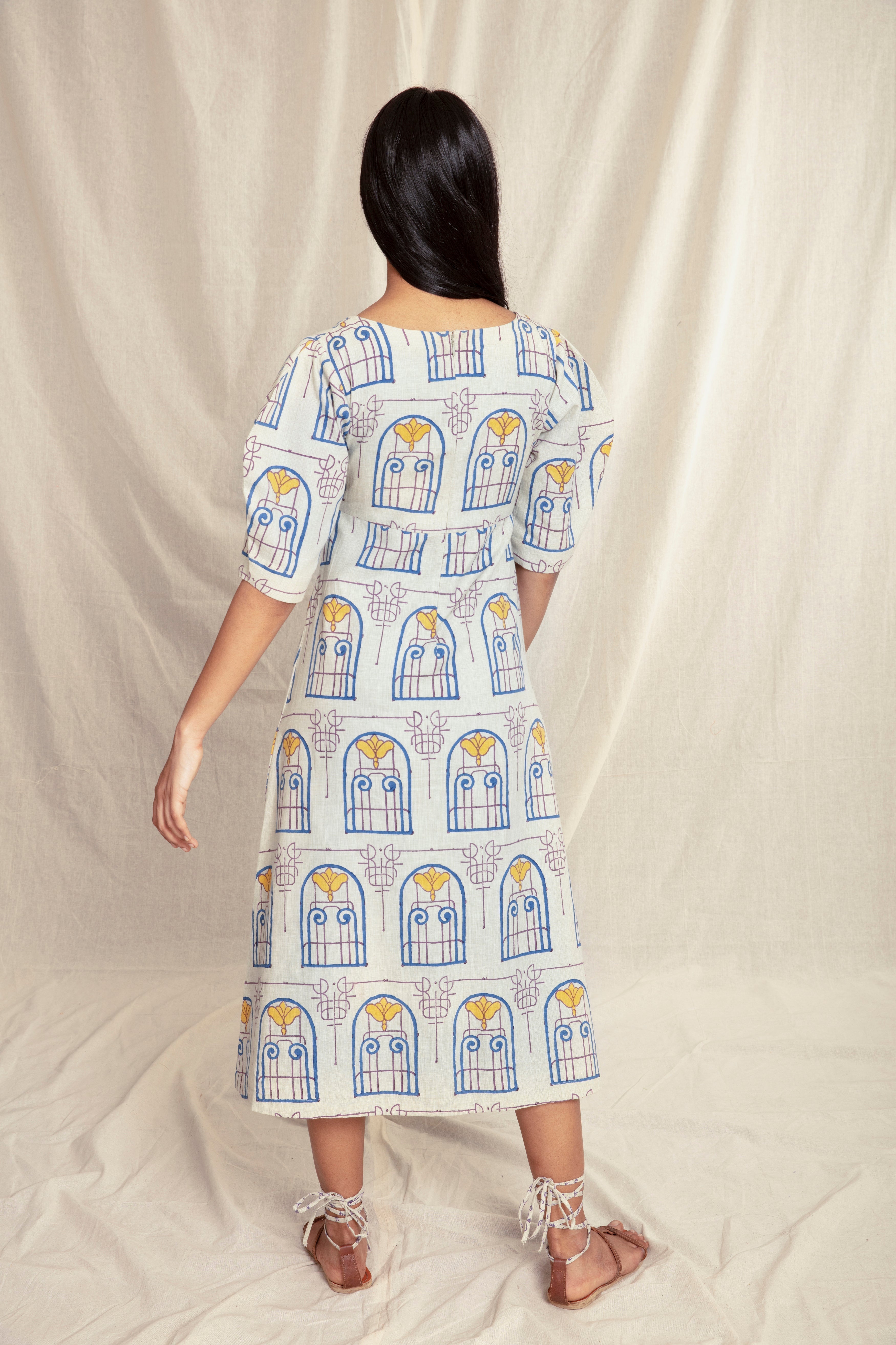 Cotton Block Printed Summer Midi Dress by Anushé Pirani with Block Prints, Handwoven Cotton, Lounge Wear, Midi Dresses, Multicolor, Natural, Prints, Recurring Dream by Anushe Pirani, Recurring Dream Collection, Regular Fit, Womenswear at Kamakhyaa for sustainable fashion