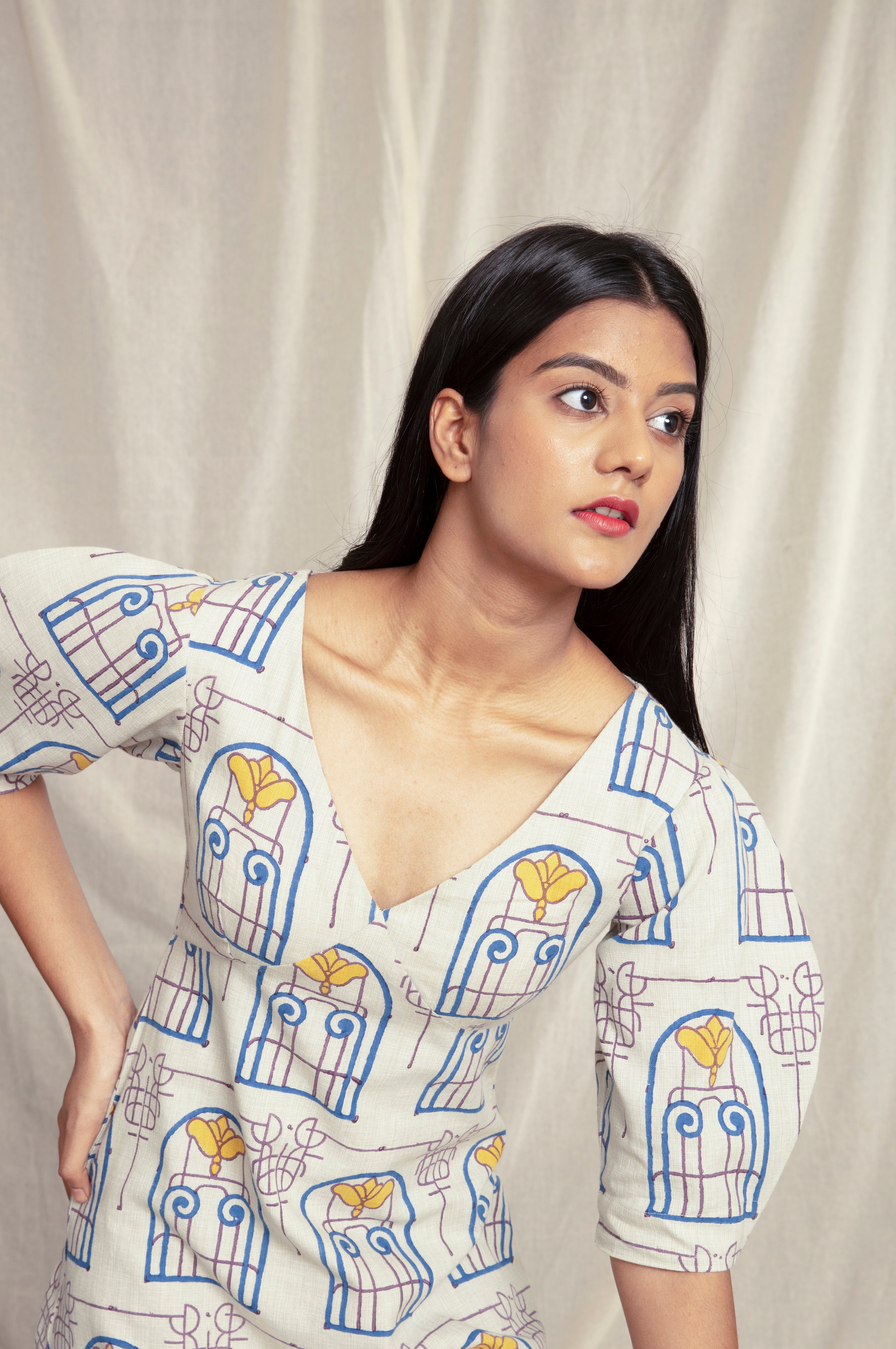 Cotton Block Printed Summer Midi Dress by Anushé Pirani with Block Prints, Handwoven Cotton, Lounge Wear, Midi Dresses, Multicolor, Natural, Prints, Recurring Dream by Anushe Pirani, Recurring Dream Collection, Regular Fit, Womenswear at Kamakhyaa for sustainable fashion