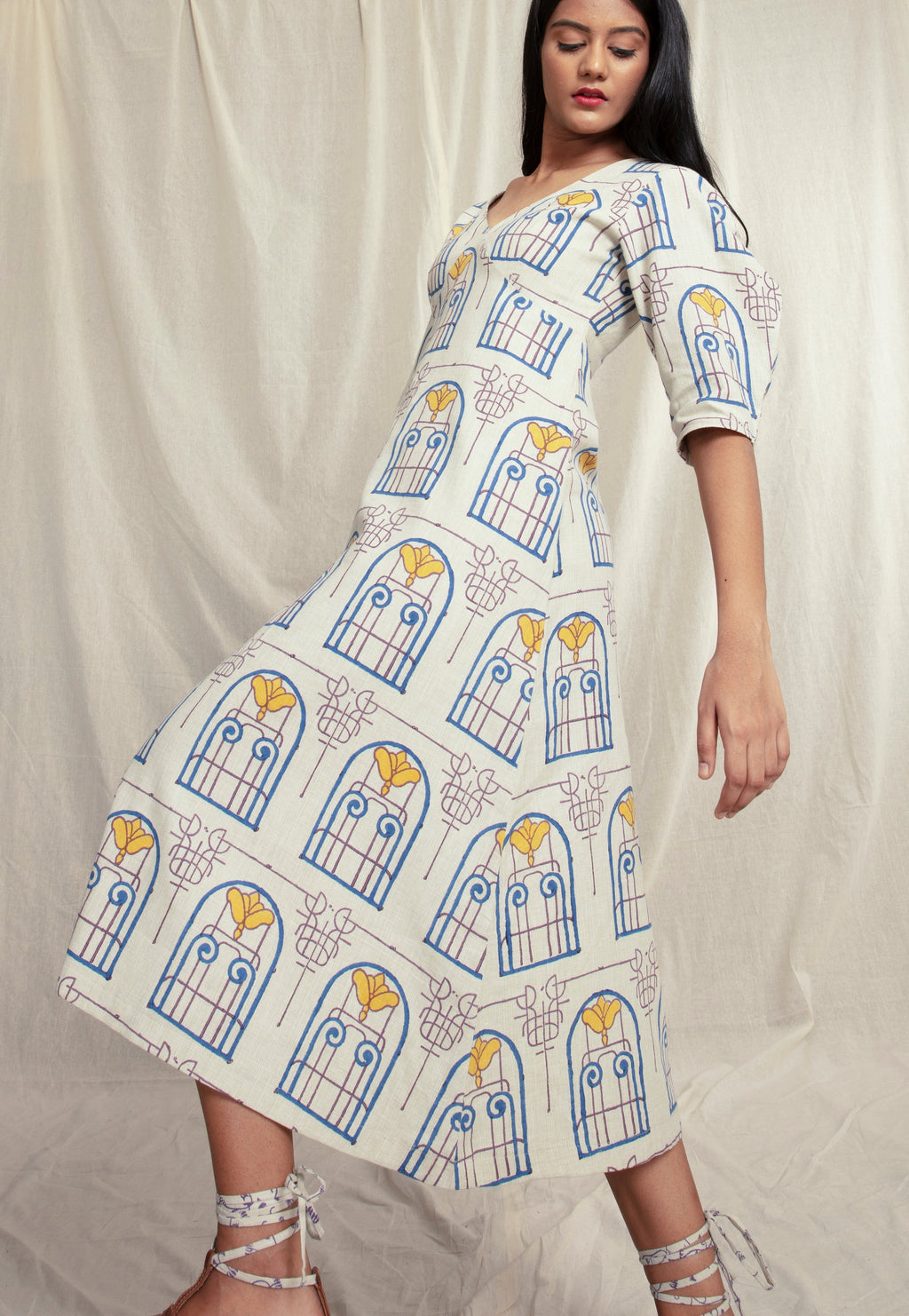 Cotton Block Printed Summer Midi Dress by Anushé Pirani with Block Prints, Handwoven Cotton, Lounge Wear, Midi Dresses, Multicolor, Natural, Prints, Recurring Dream by Anushe Pirani, Recurring Dream Collection, Regular Fit, Womenswear at Kamakhyaa for sustainable fashion