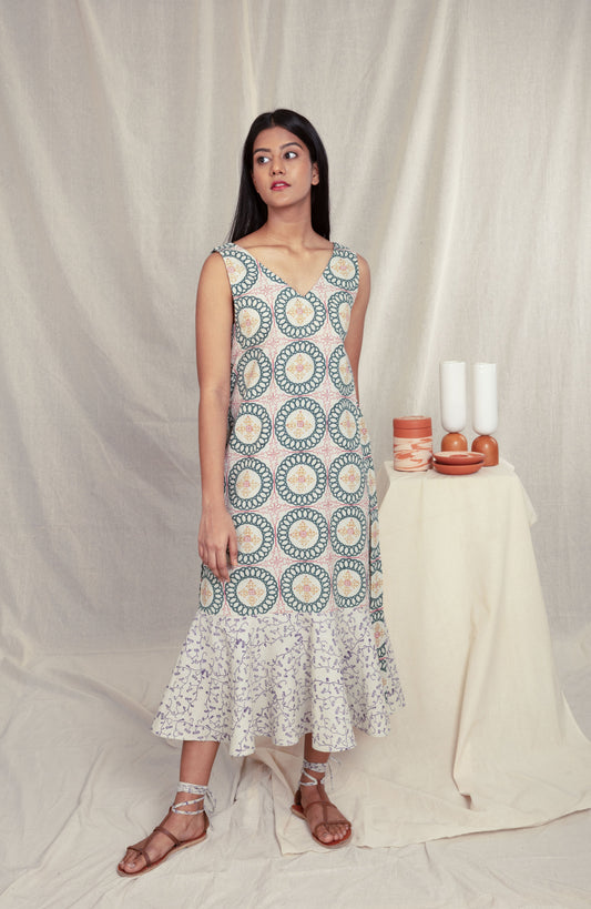 Multicolor Sleeveless Block Print Maxi Dress by Anushé Pirani with Block Prints, Casual Wear, Handwoven Cotton, Lounge Wear, Maxi Dresses, Multicolor, Natural, Prints, Recurring Dream by Anushe Pirani, Recurring Dream Collection, Regular Fit, Sleeveless Dresses, Womenswear at Kamakhyaa for sustainable fashion