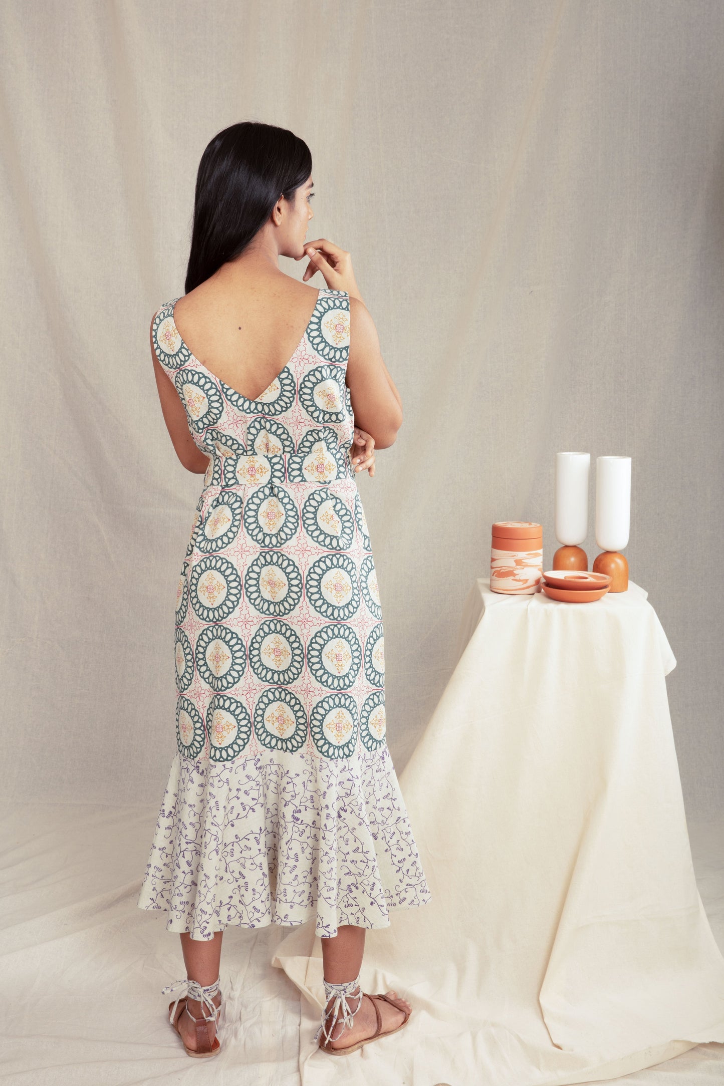 Multicolor Sleeveless Block Print Maxi Dress by Anushé Pirani with Block Prints, Casual Wear, Handwoven Cotton, Lounge Wear, Maxi Dresses, Multicolor, Natural, Prints, Recurring Dream by Anushe Pirani, Recurring Dream Collection, Regular Fit, Sleeveless Dresses, Womenswear at Kamakhyaa for sustainable fashion