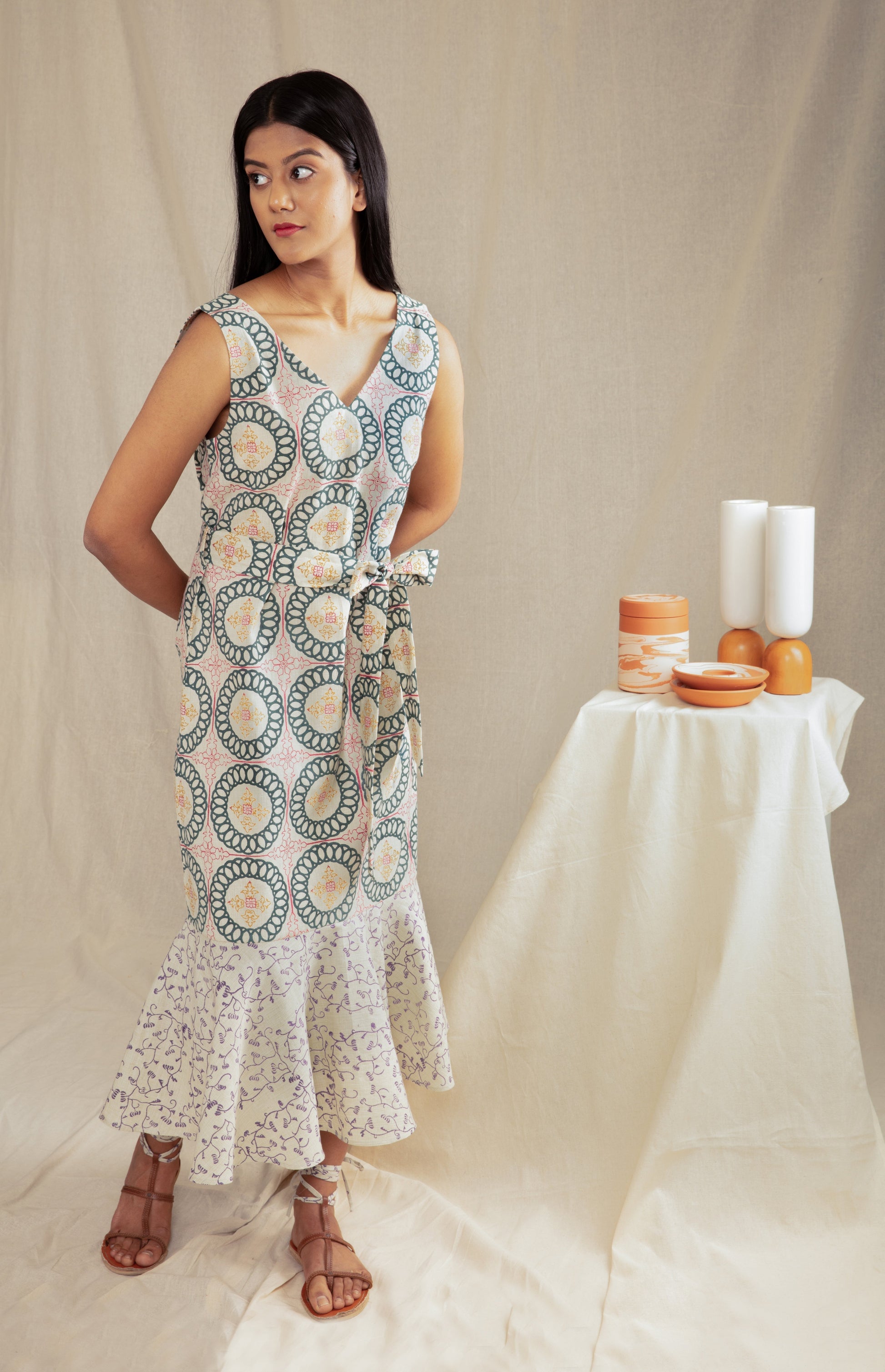 Multicolor Sleeveless Block Print Maxi Dress by Anushé Pirani with Block Prints, Casual Wear, Handwoven Cotton, Lounge Wear, Maxi Dresses, Multicolor, Natural, Prints, Recurring Dream by Anushe Pirani, Recurring Dream Collection, Regular Fit, Sleeveless Dresses, Womenswear at Kamakhyaa for sustainable fashion