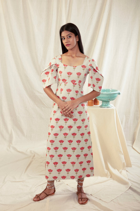Handwoven Cotton Block Print Maxi Dress by Anushé Pirani with Block Prints, Handwoven Cotton, Lounge Wear, Maxi Dresses, Multicolor, Natural, Prints, Recurring Dream by Anushe Pirani, Recurring Dream Collection, Regular Fit, Womenswear at Kamakhyaa for sustainable fashion